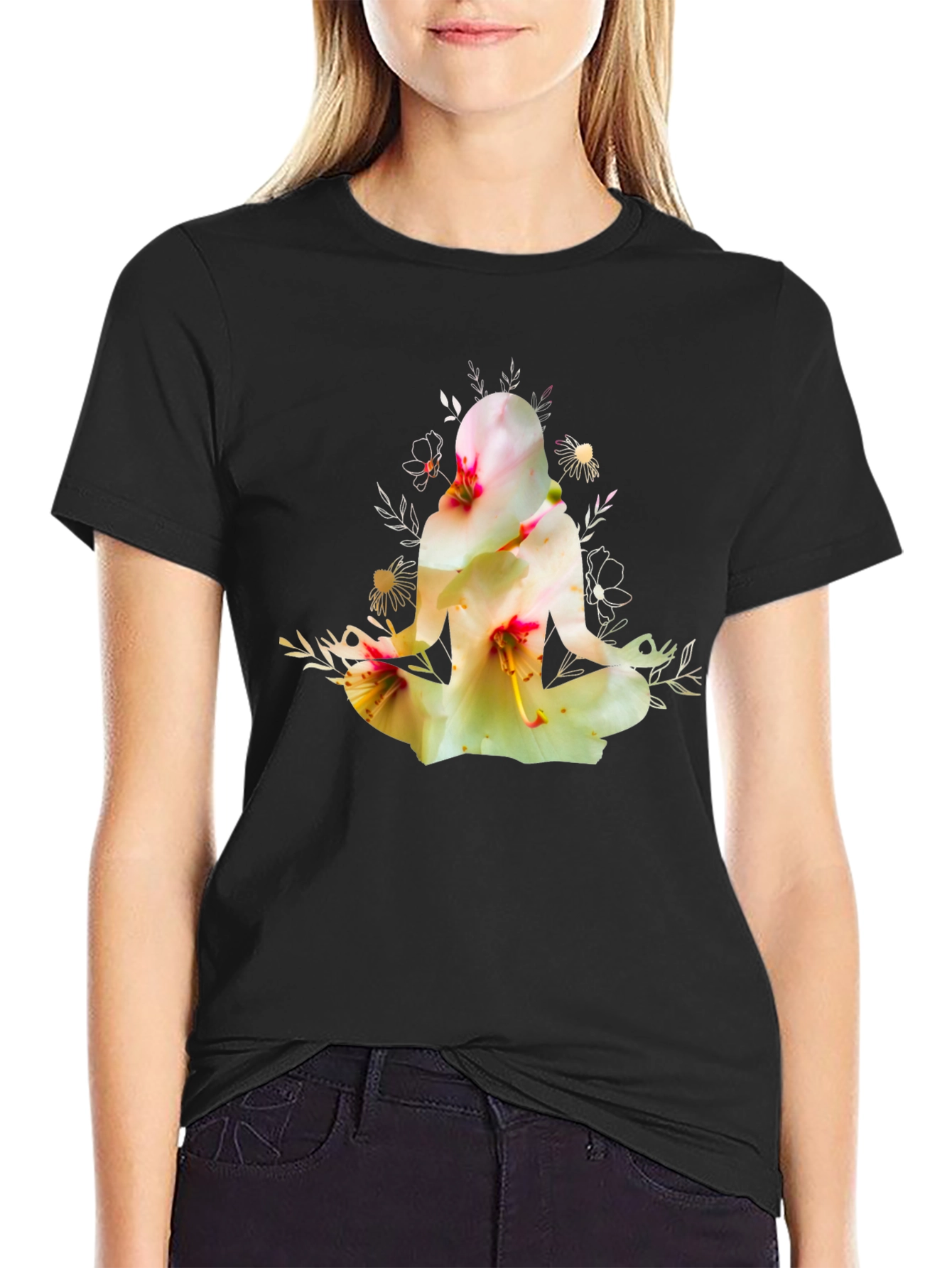 Floral Yoga Silhouette Graphic Tee - Black