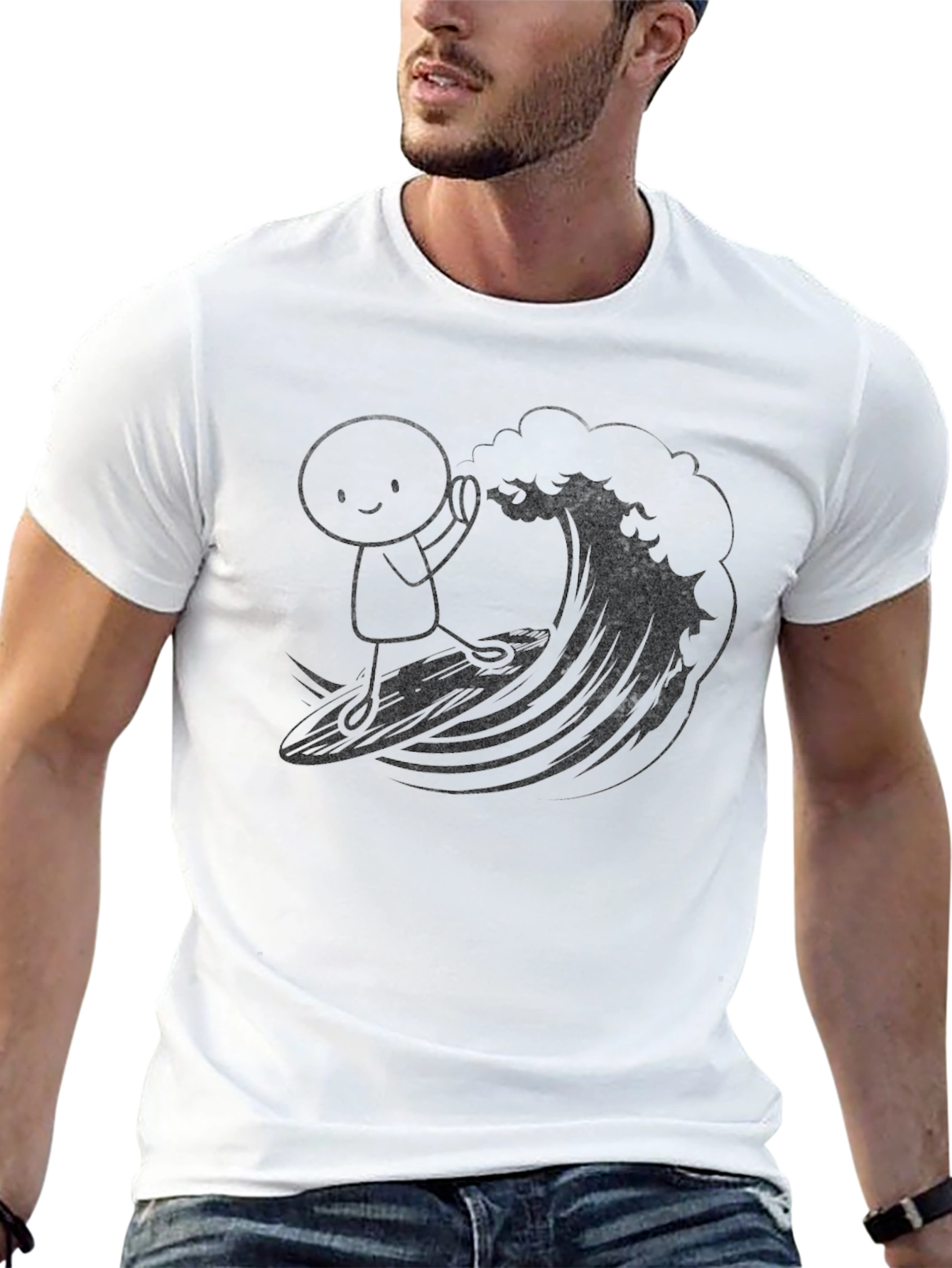 Surfing Cartoon Graphic Tee - Black