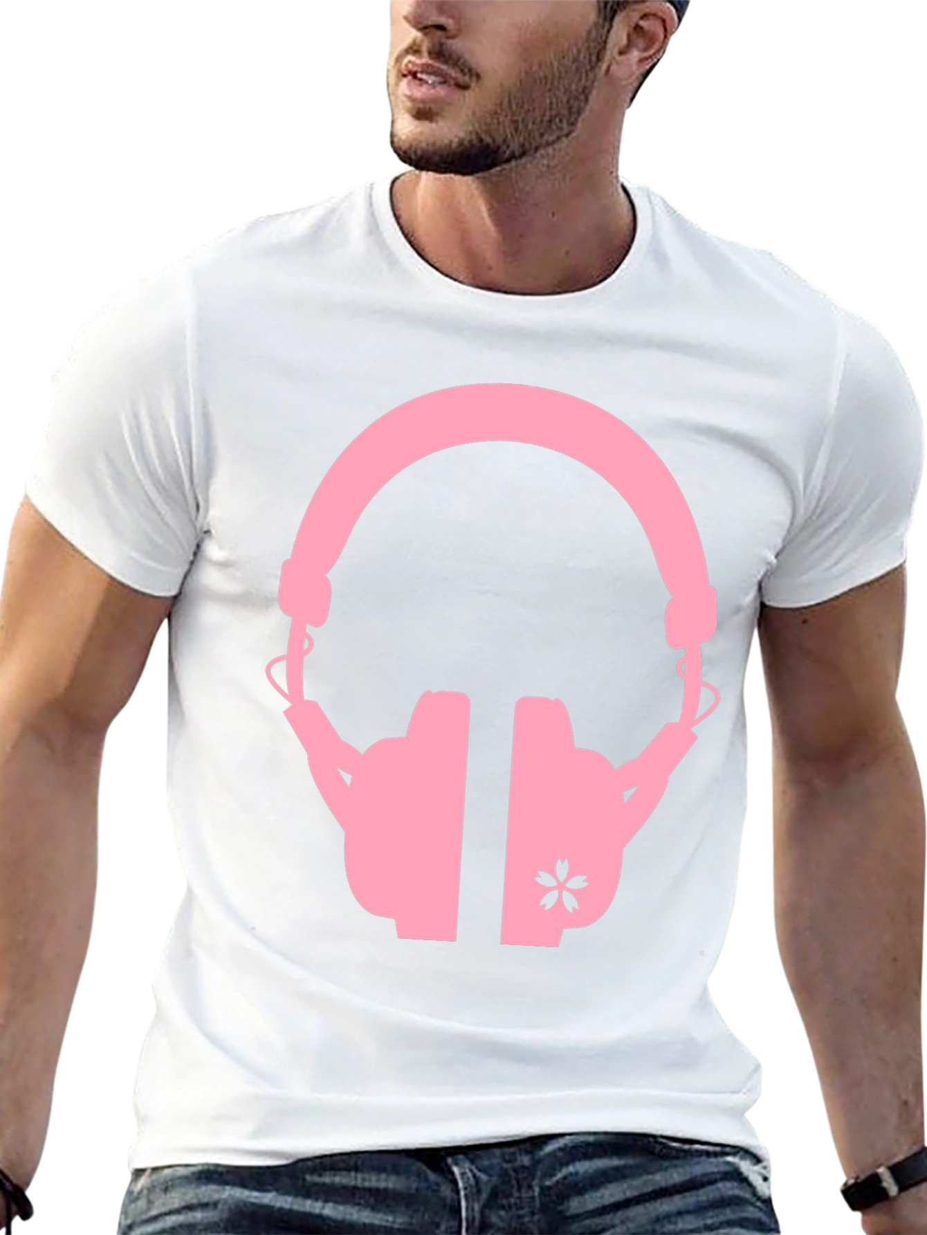 Pink Headphones on Black T-Shirt