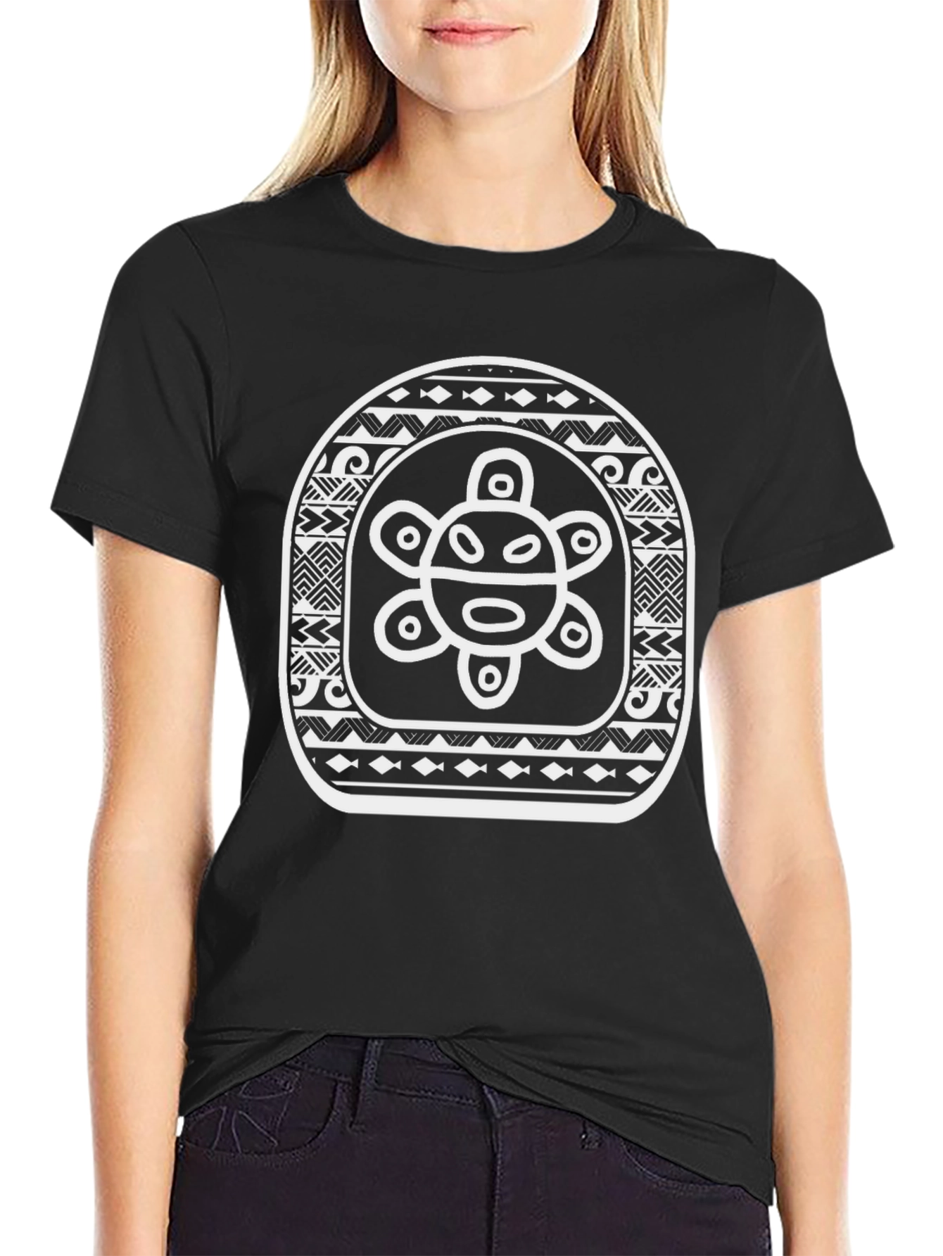 Black T-Shirt with White Indigenous Sun Design