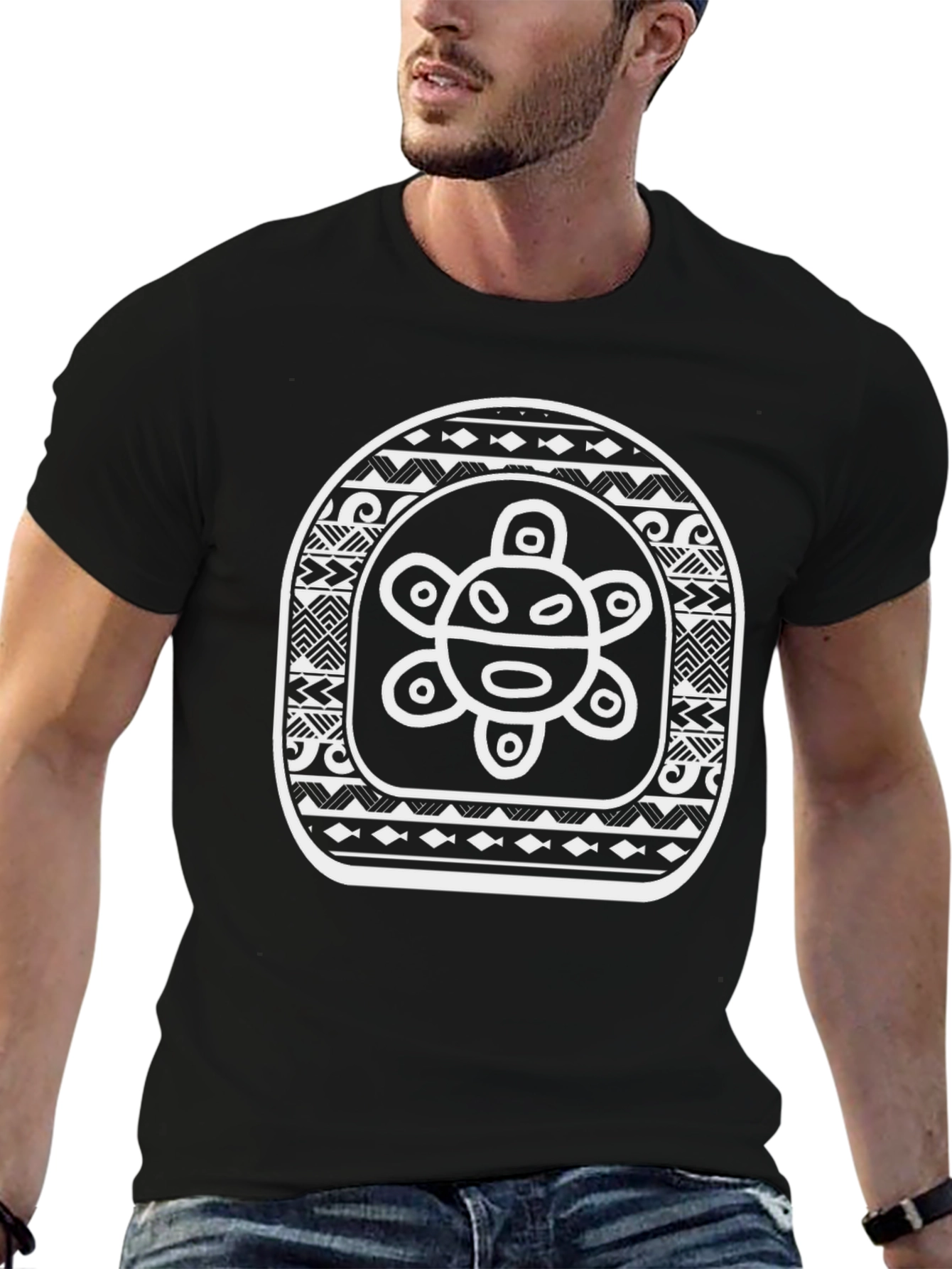 Black T-Shirt with White Indigenous Sun Design