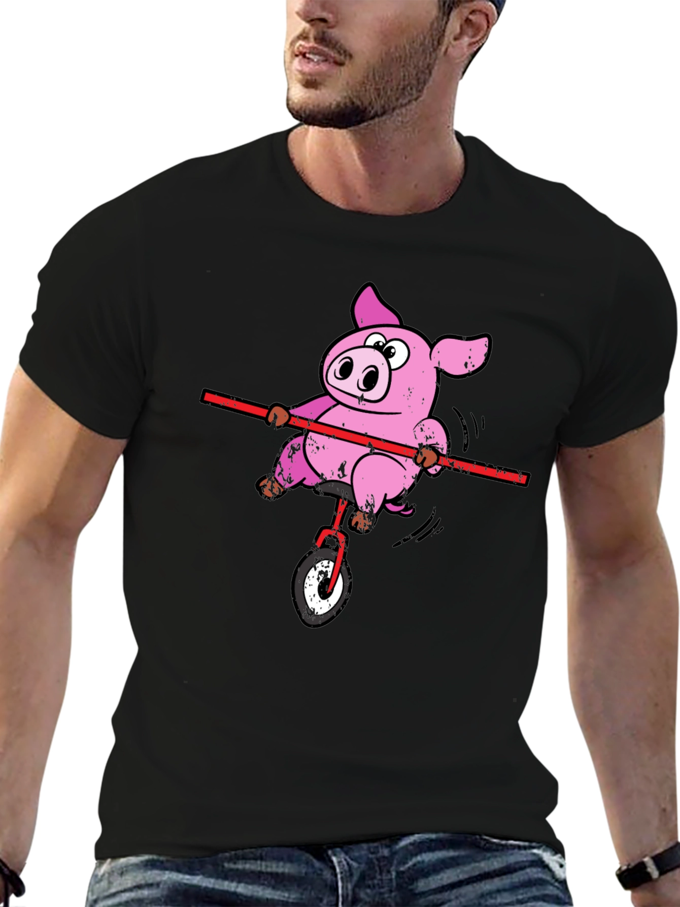 Funny Pig Unicycle Black T-Shirt