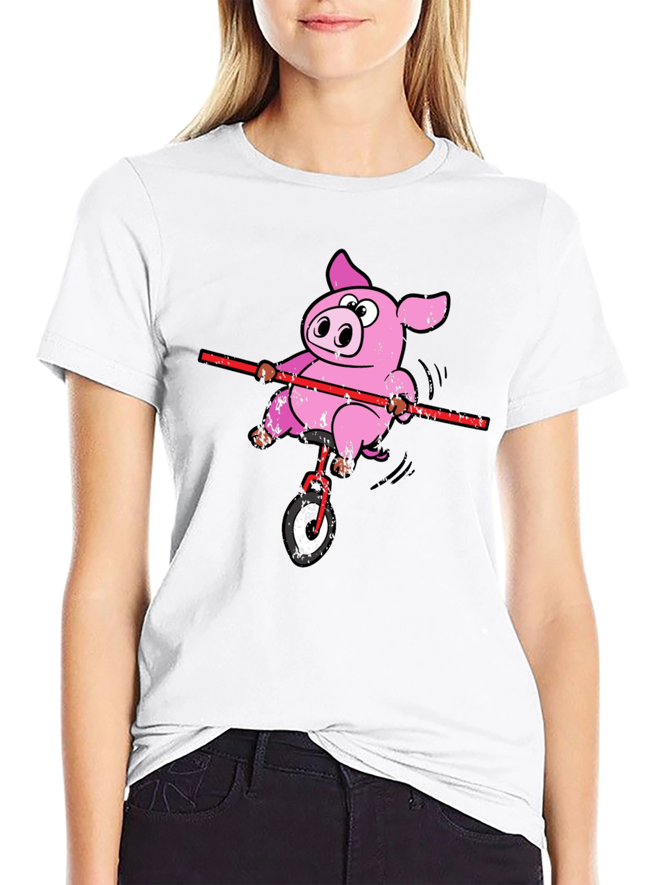 Funny Pig Unicycle Black T-Shirt