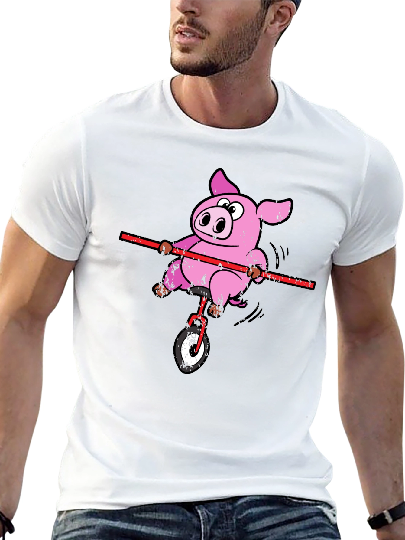Funny Pig Unicycle Black T-Shirt