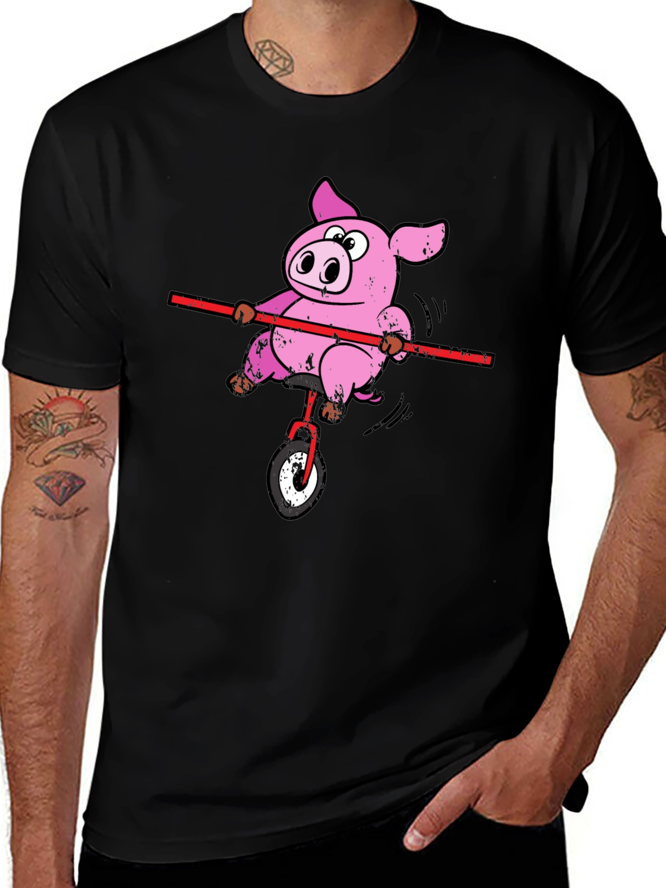 Funny Pig Unicycle Black T-Shirt