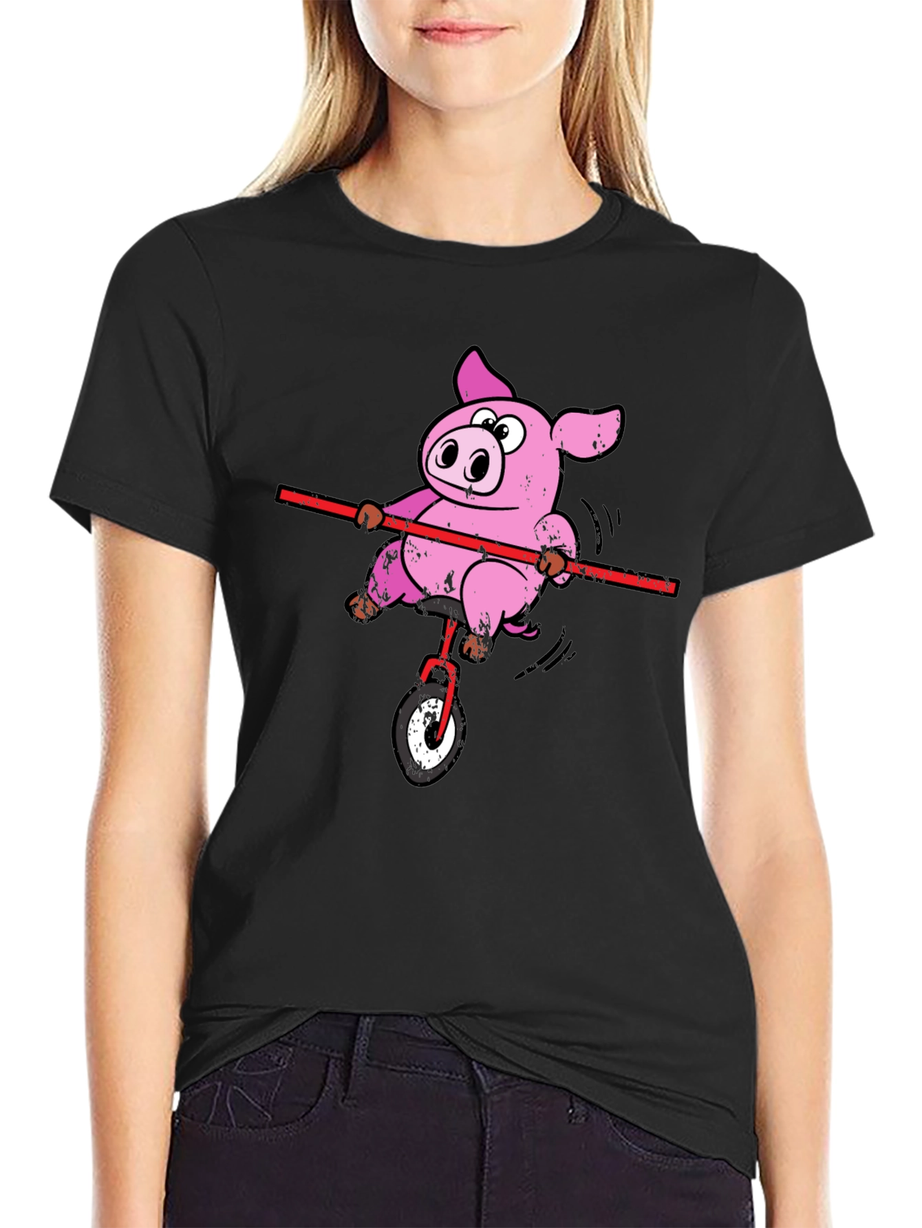 Funny Pig Unicycle Black T-Shirt