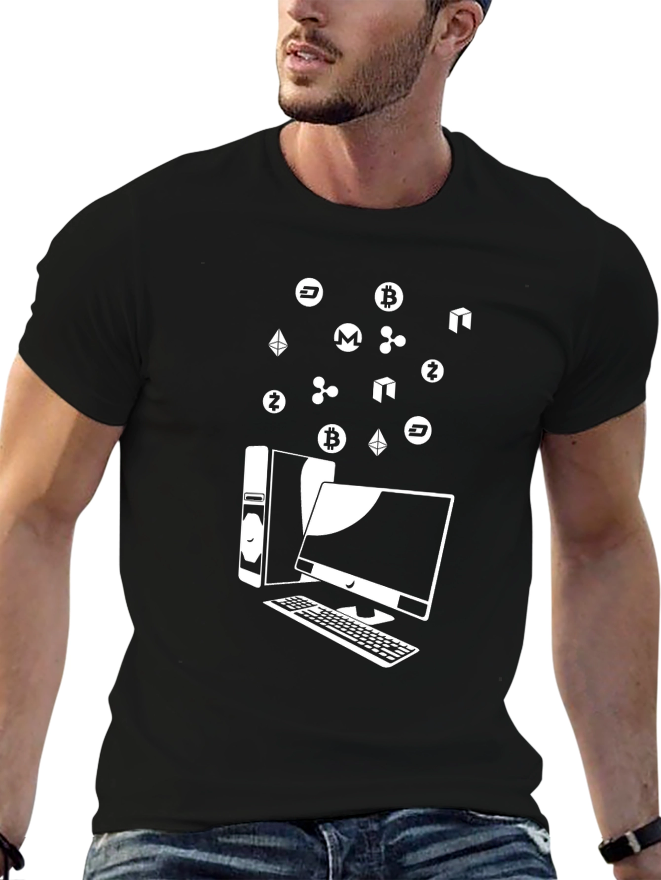 Crypto Computer T-Shirt - Bitcoin Ethereum Ripple Design