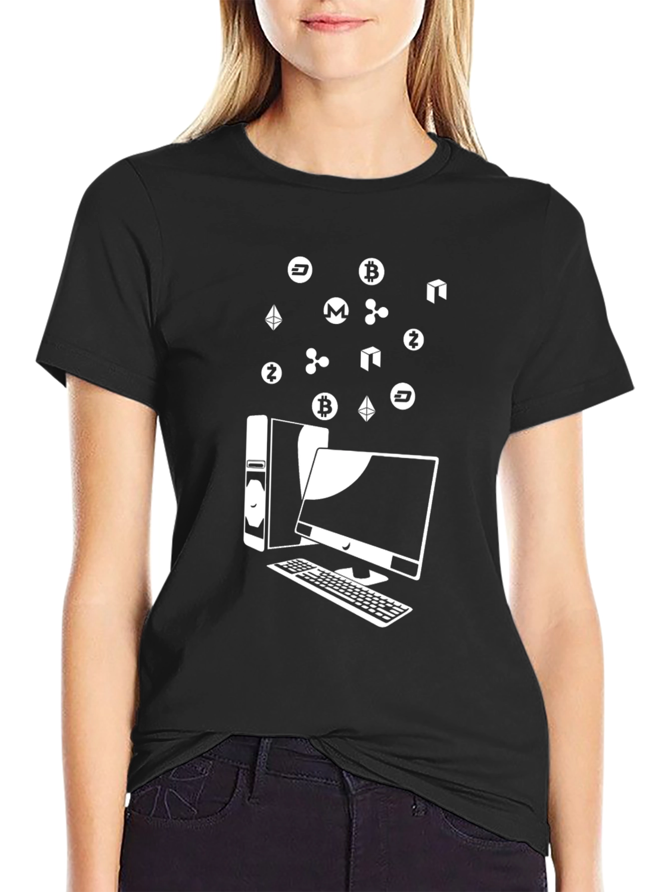 Crypto Computer T-Shirt - Bitcoin Ethereum Ripple Design