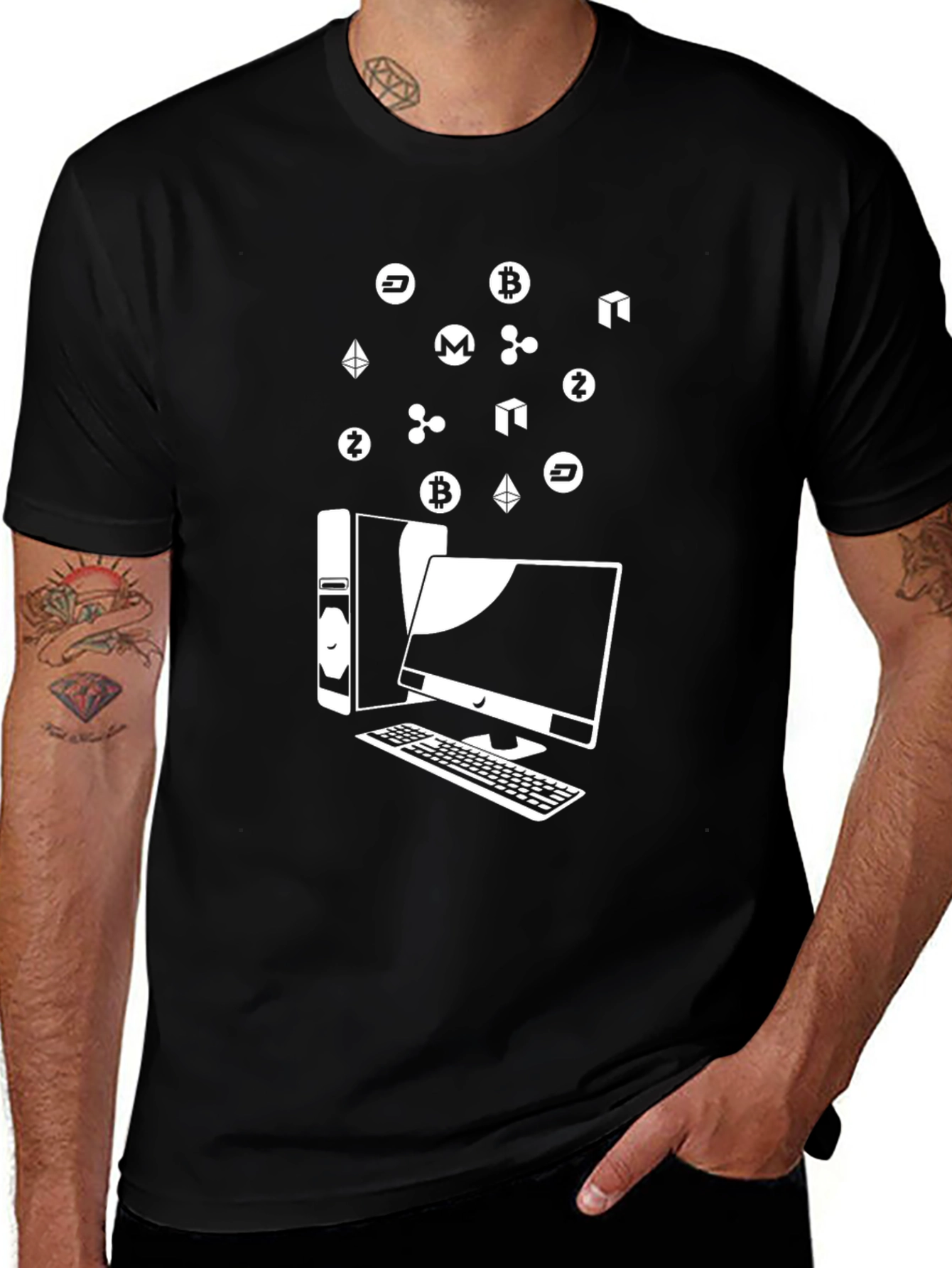 Crypto Computer T-Shirt - Bitcoin Ethereum Ripple Design