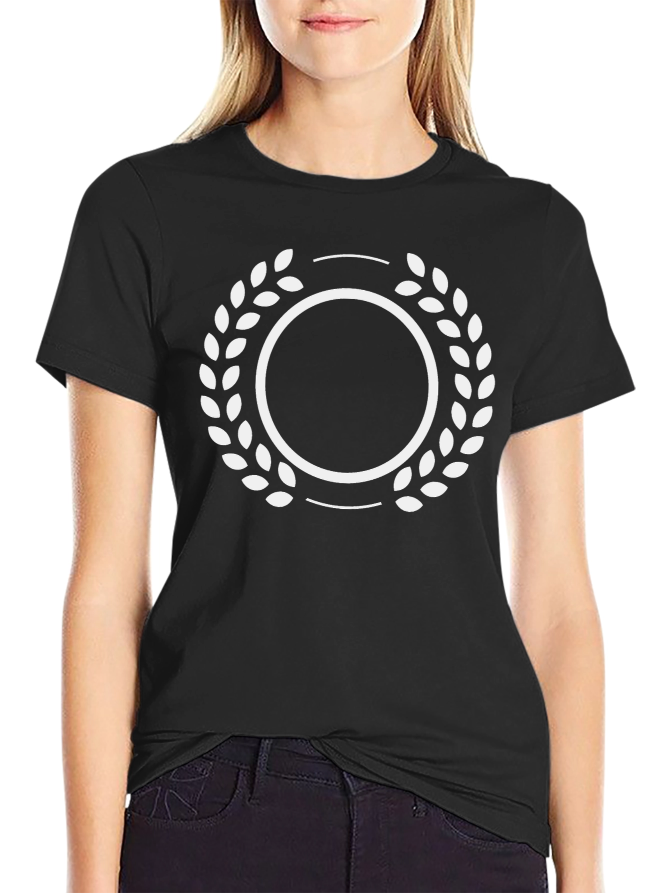 Black T-Shirt with White Laurel Wreath Graphic