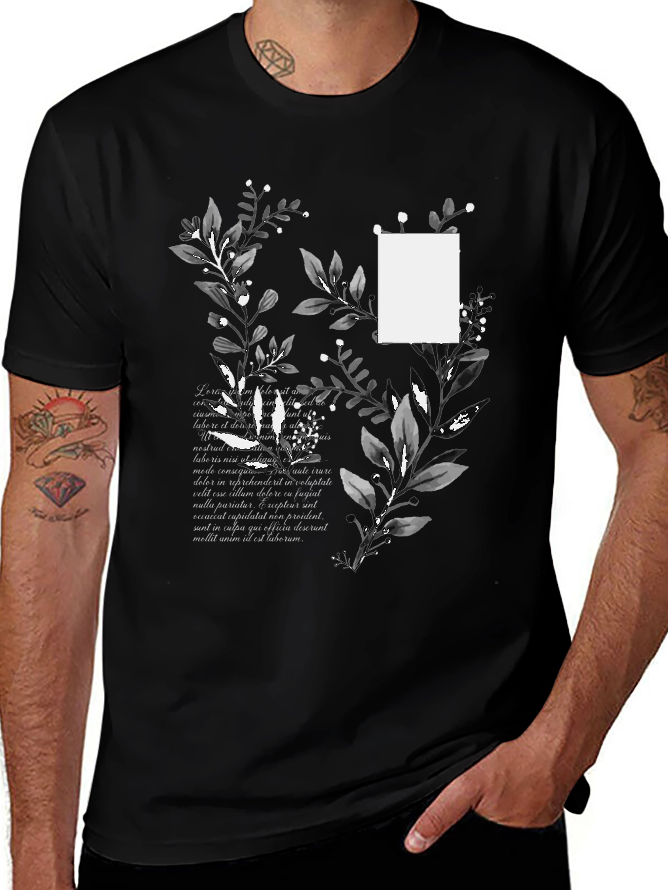 Botanical Script Mens Black T-Shirt