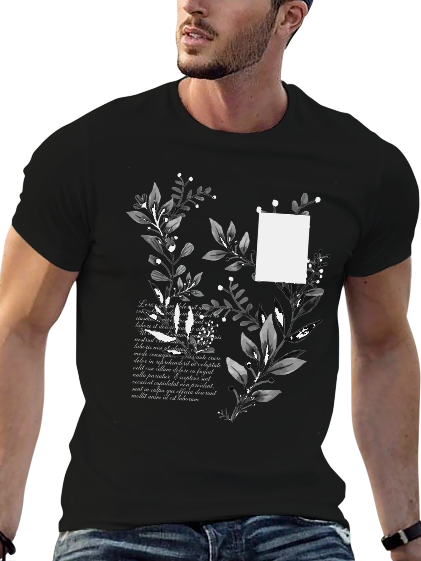 Botanical Script Mens Black T-Shirt