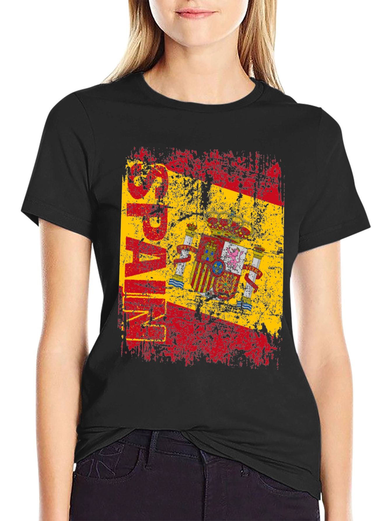 Spain Flag Graphic Print Black T-Shirt