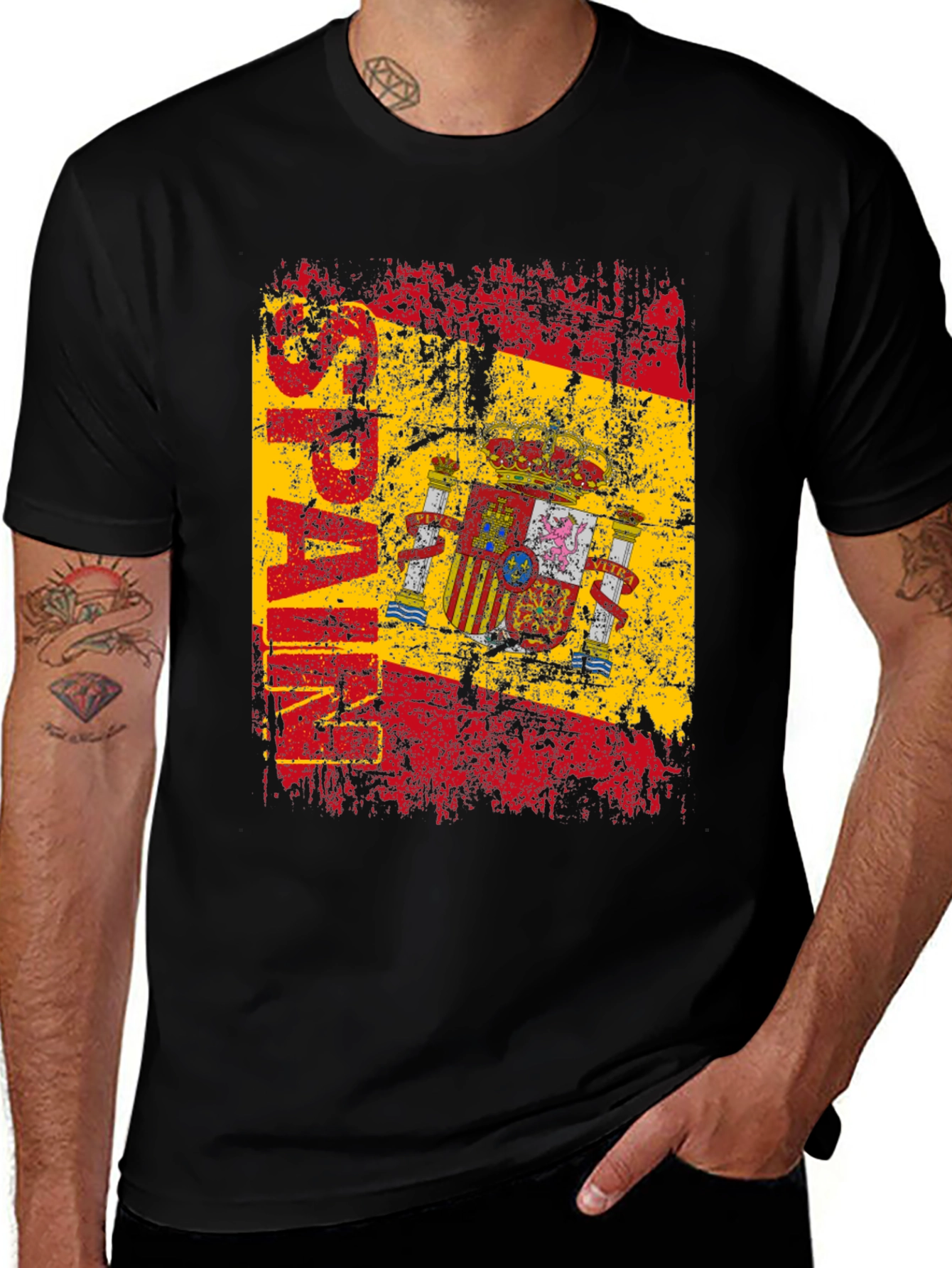Spain Flag Graphic Print Black T-Shirt