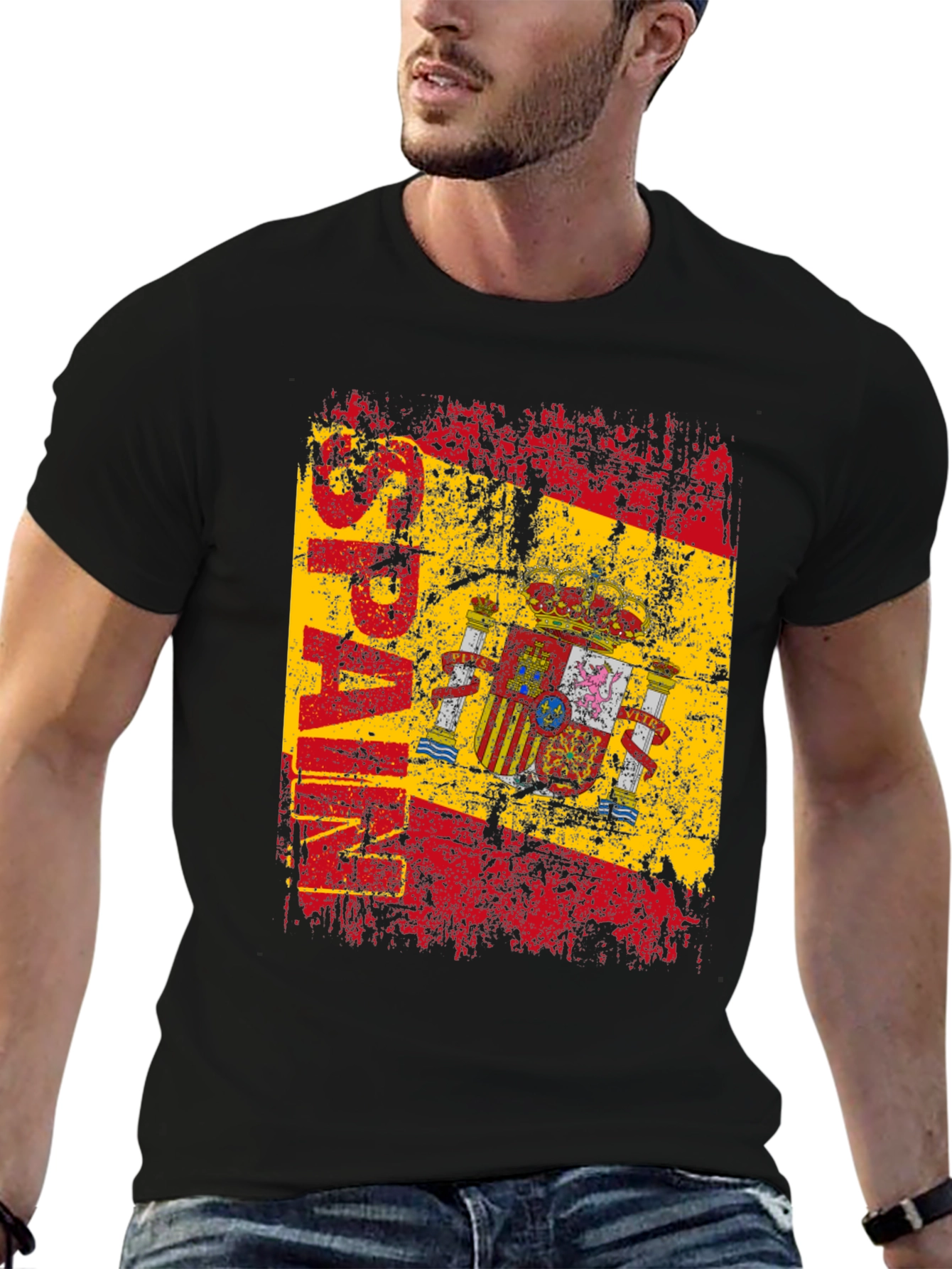 Spain Flag Graphic Print Black T-Shirt