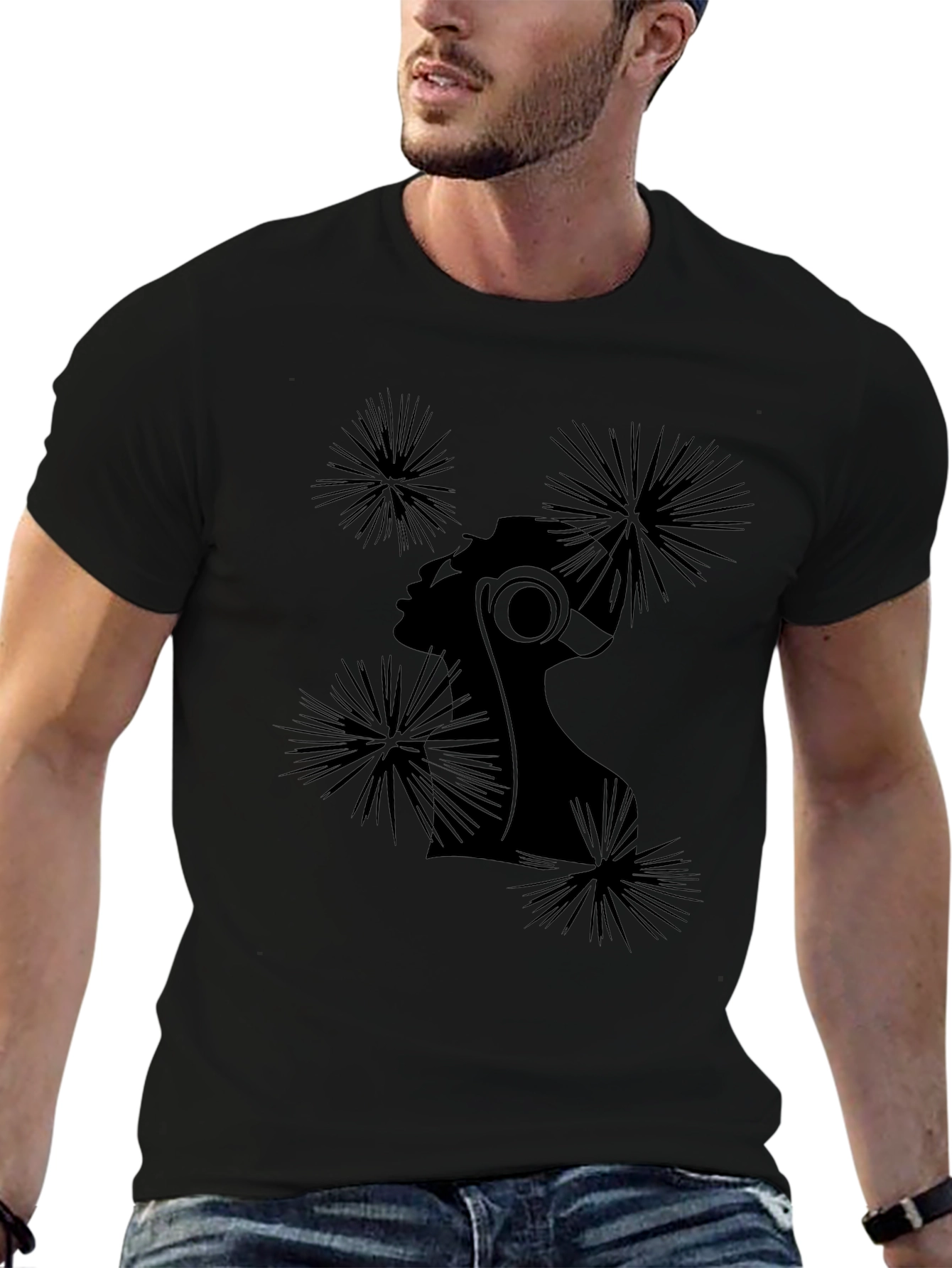 Stylish Black T-Shirt with Abstract Woman Design