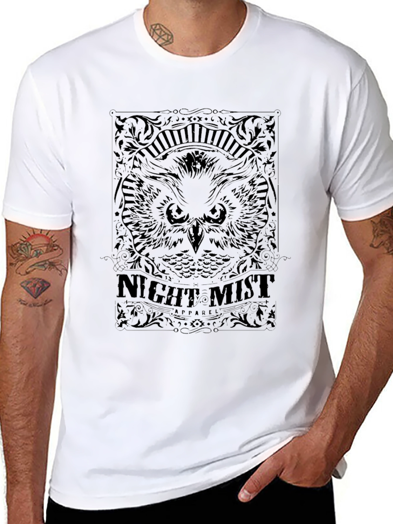 Night Mist Owl Graphic Tee - Black Cotton T-Shirt