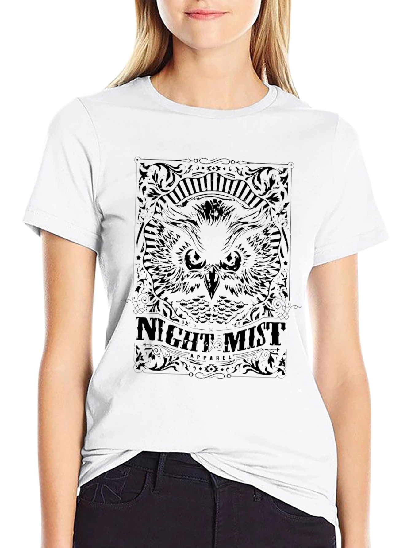 Night Mist Owl Graphic Tee - Black Cotton T-Shirt