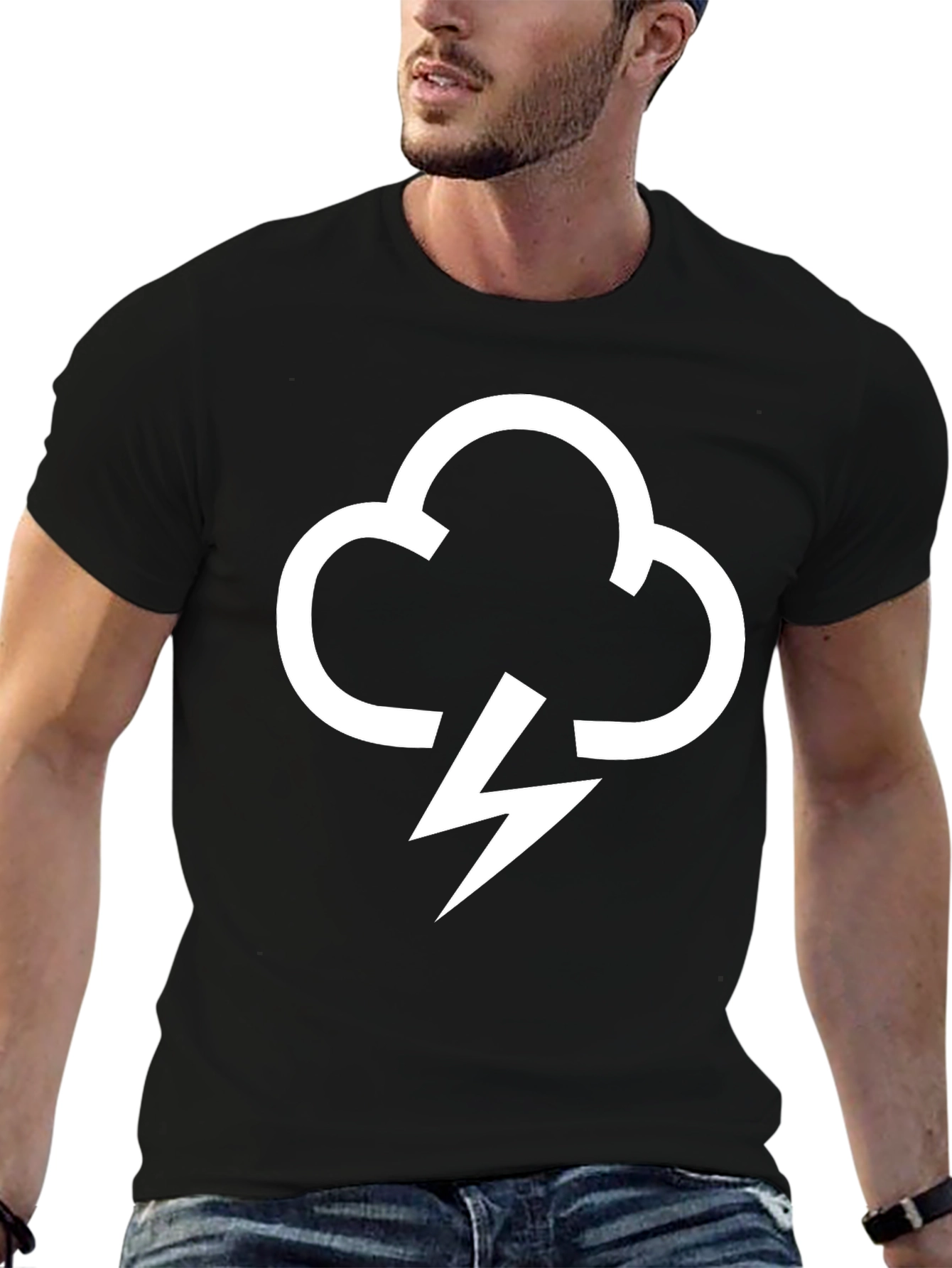 Black T-Shirt with Cloud Lightning Bolt Graphic