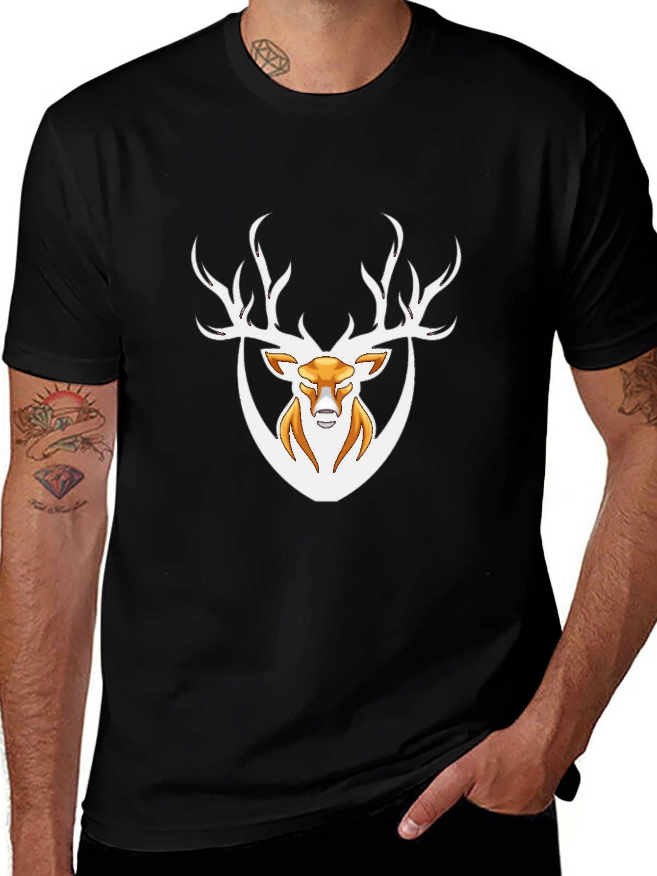 Mens Black T-Shirt with Deer Graphic