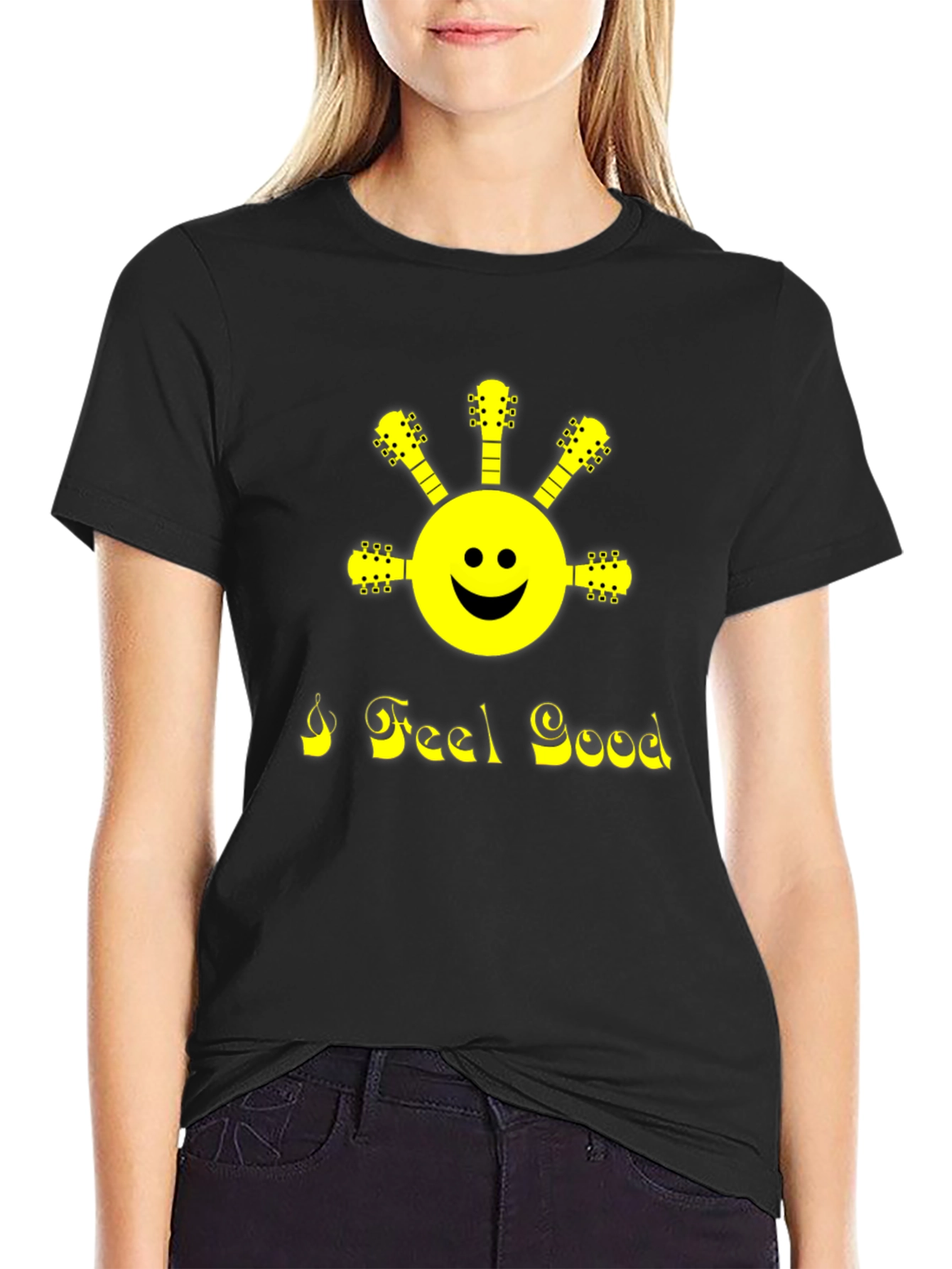 I Feel Good Guitar Smiley Face Black T-Shirt