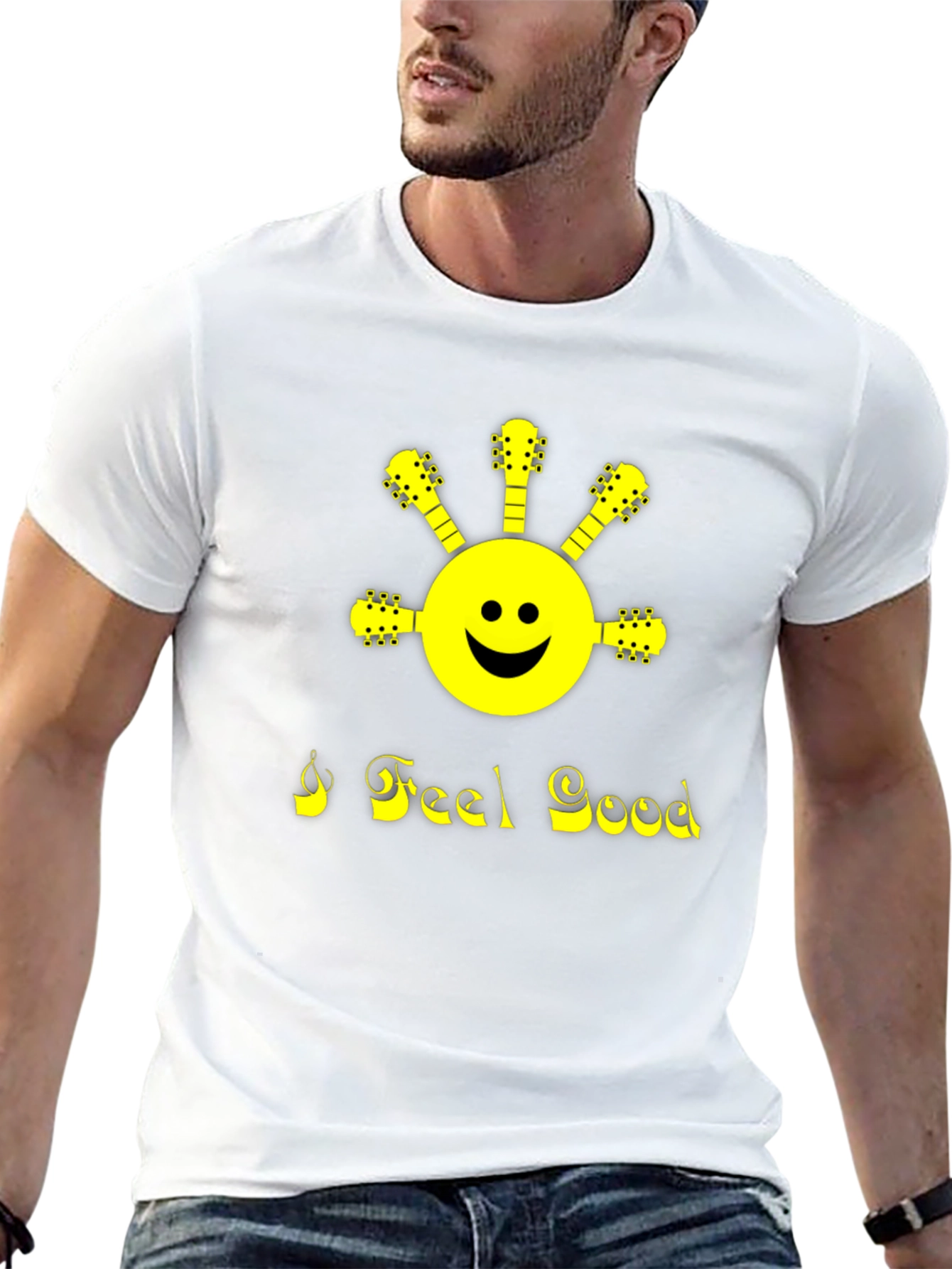 I Feel Good Guitar Smiley Face Black T-Shirt