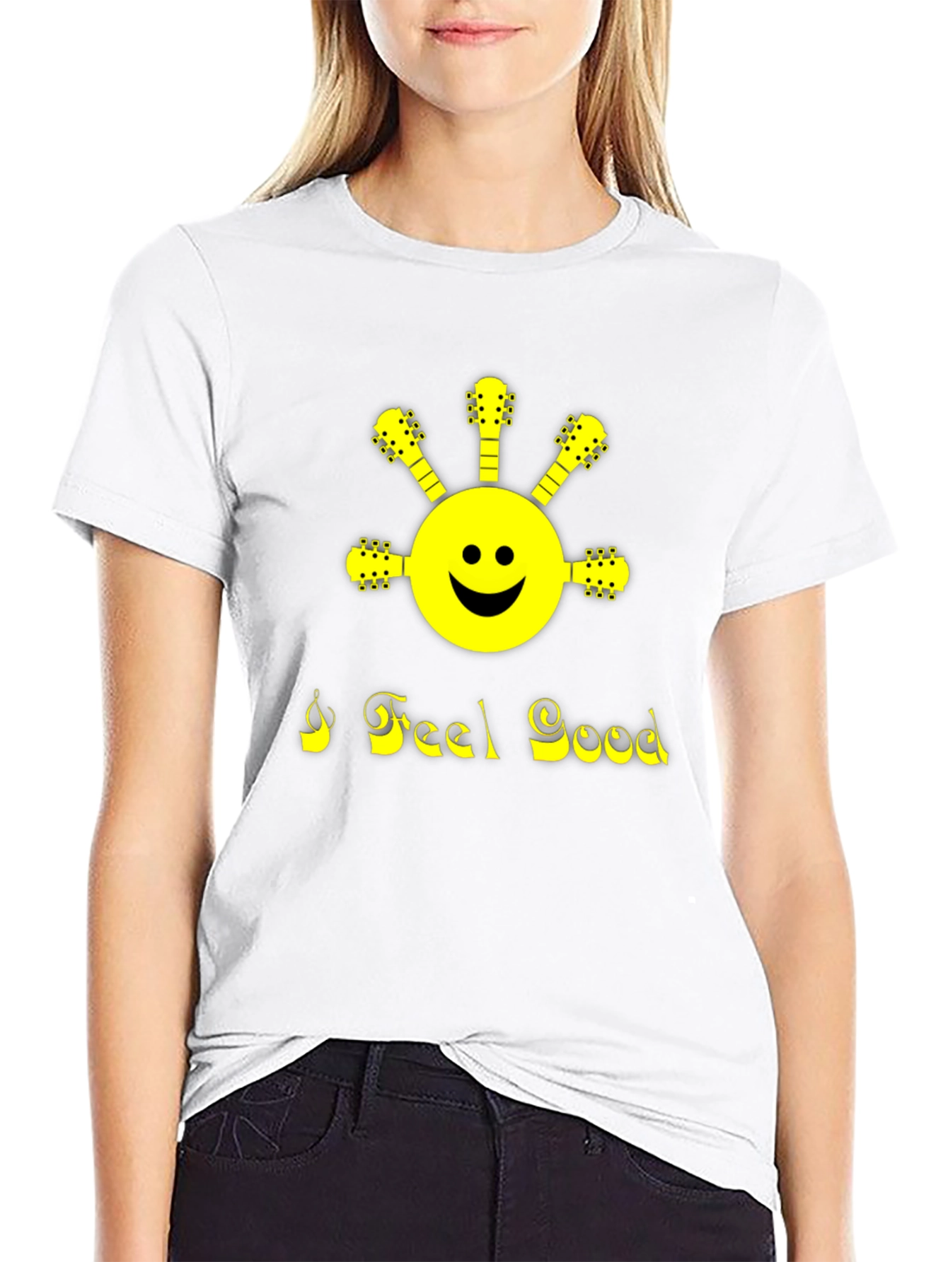 I Feel Good Guitar Smiley Face Black T-Shirt