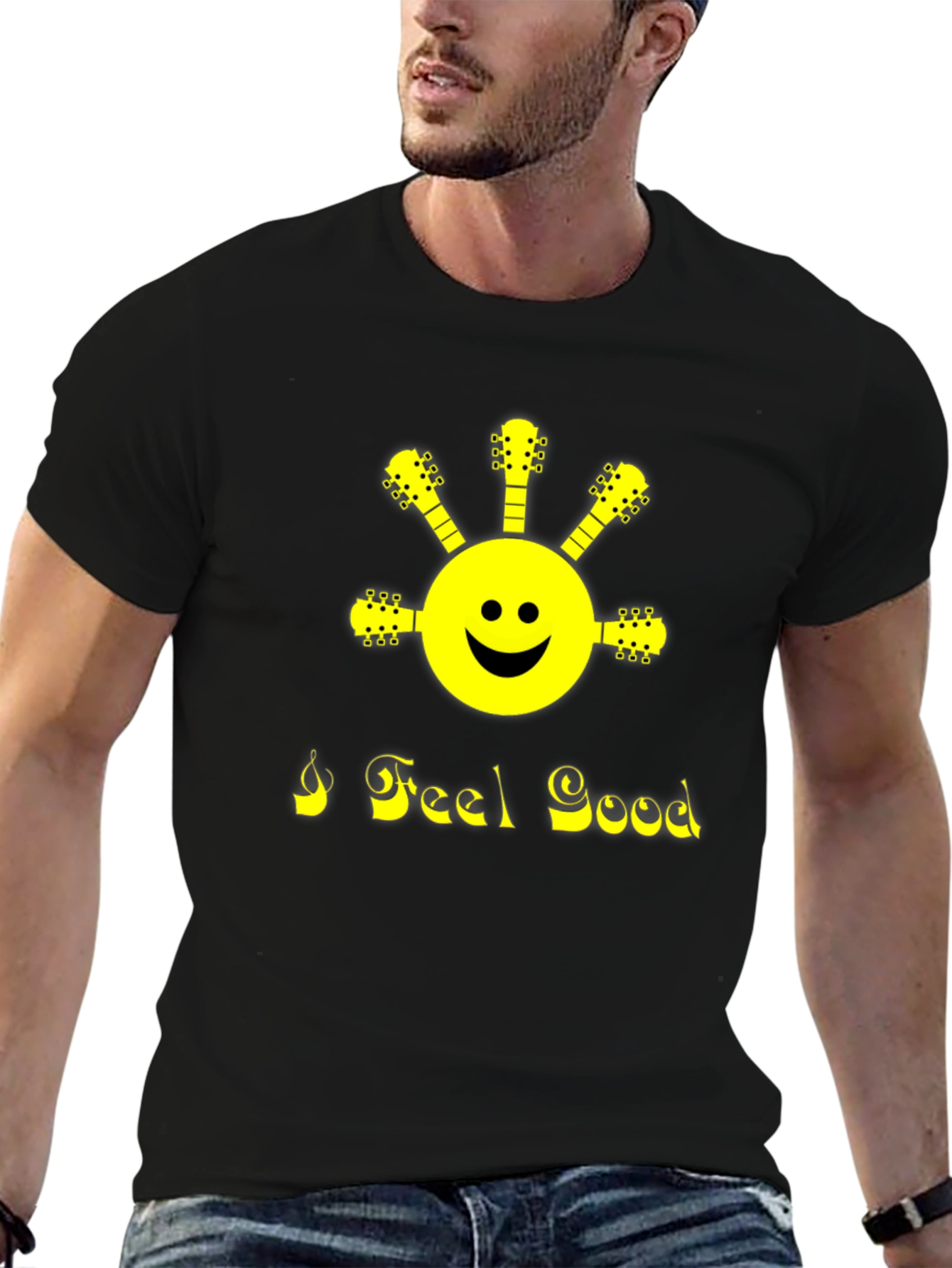 I Feel Good Guitar Smiley Face Black T-Shirt