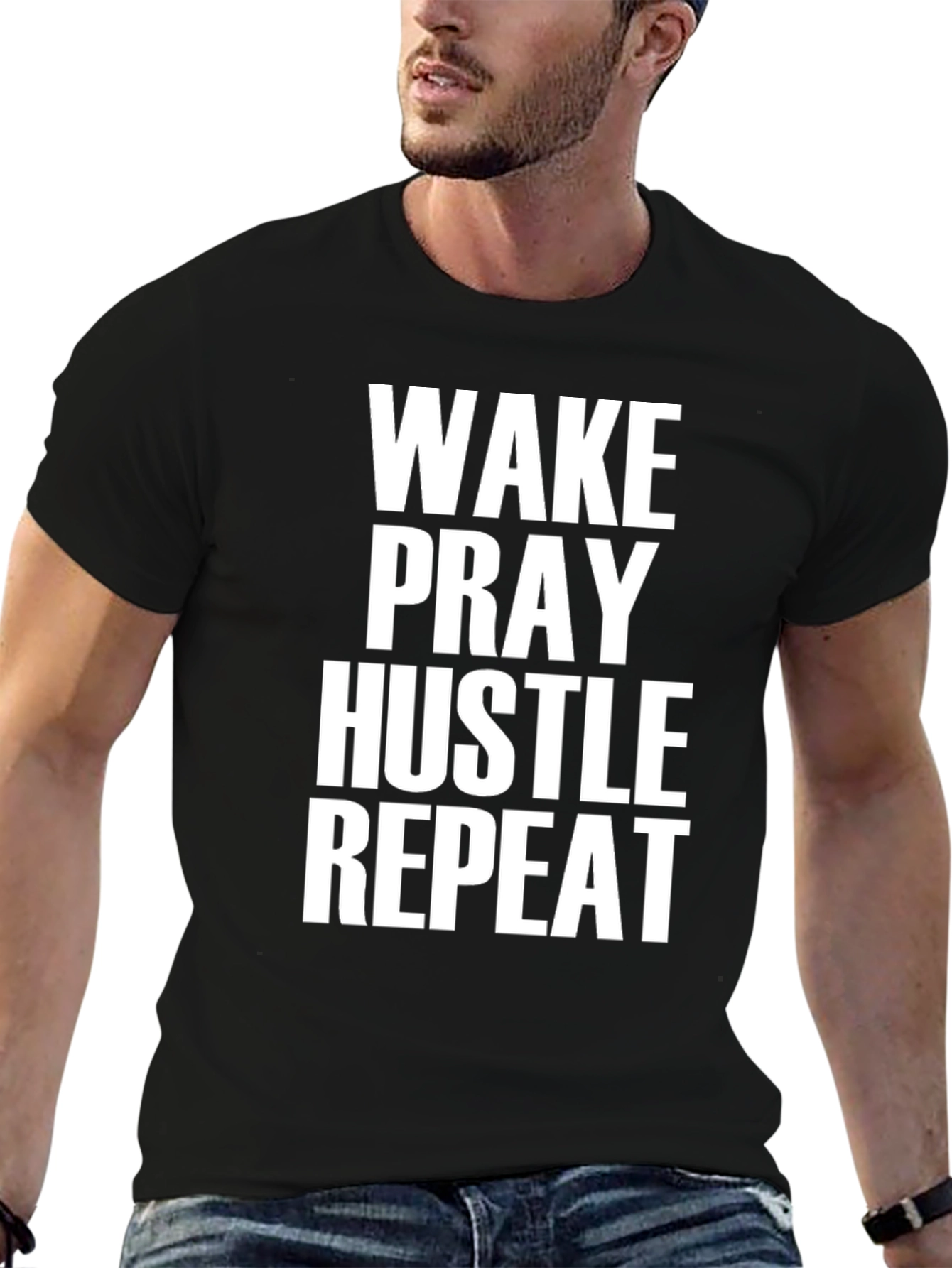 Wake Pray Hustle Repeat Black Graphic T-Shirt