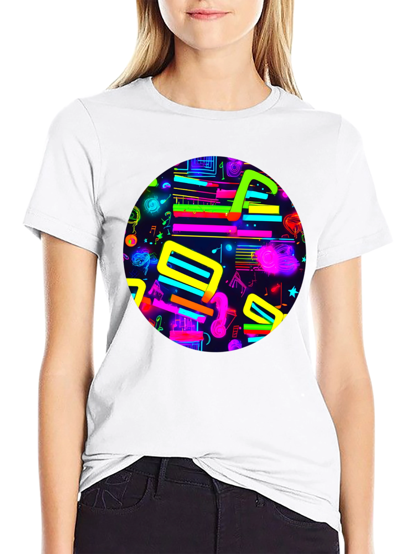 Neon Music Notes Graphic T-Shirt