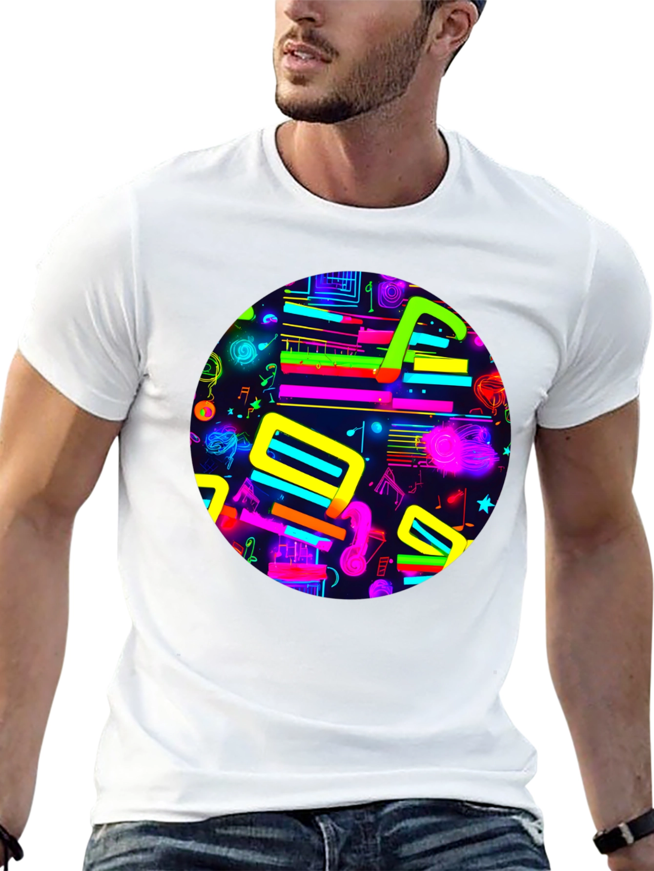 Neon Music Notes Graphic T-Shirt