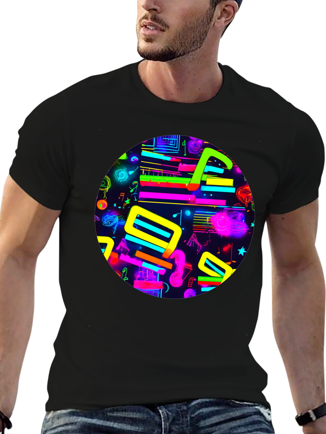 Neon Music Notes Graphic T-Shirt