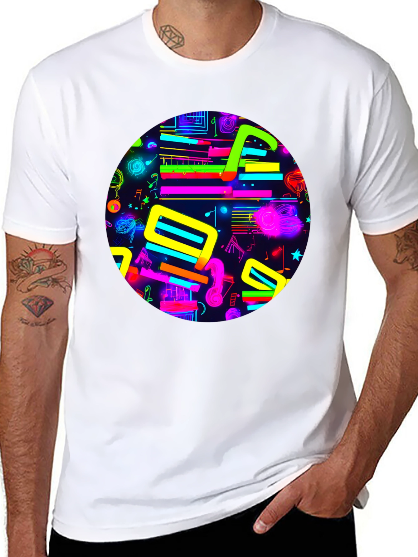 Neon Music Notes Graphic T-Shirt