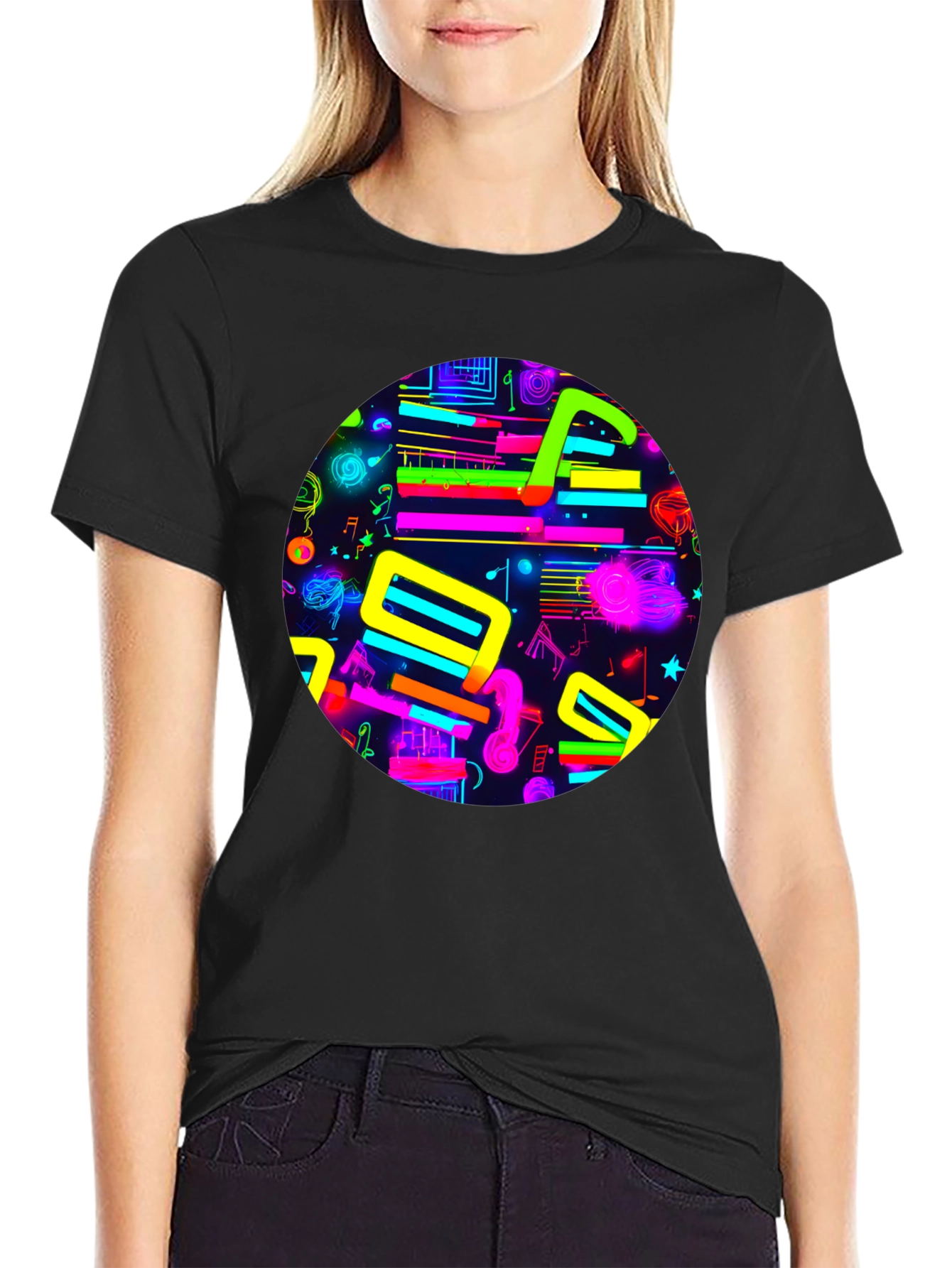 Neon Music Notes Graphic T-Shirt
