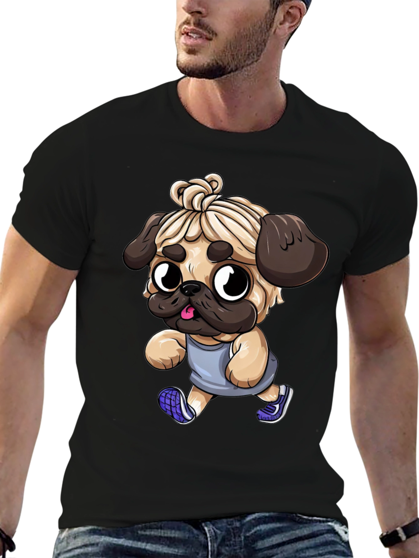 Funny Pug Jogger Tee - Mens Black T-Shirt