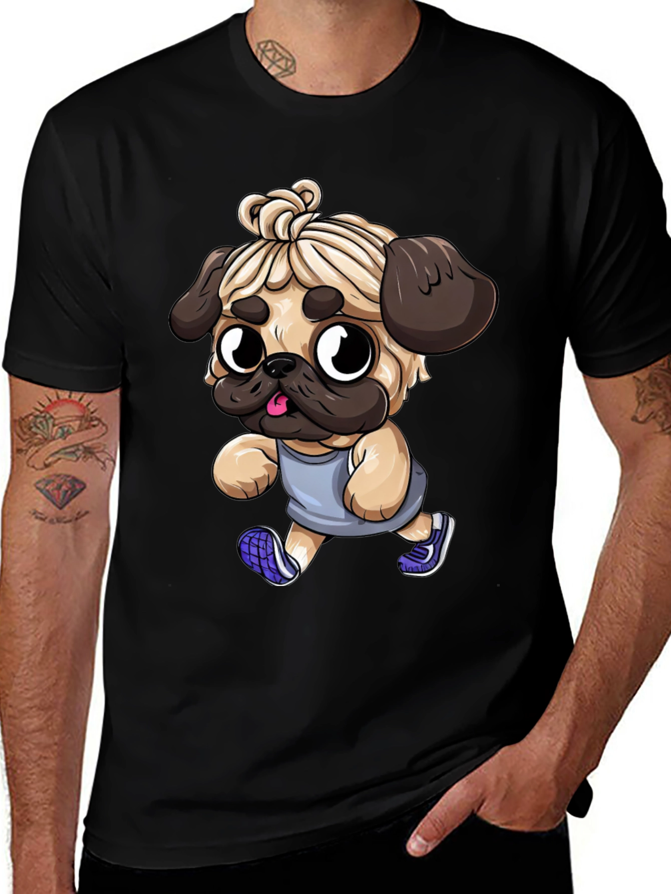Funny Pug Jogger Tee - Mens Black T-Shirt
