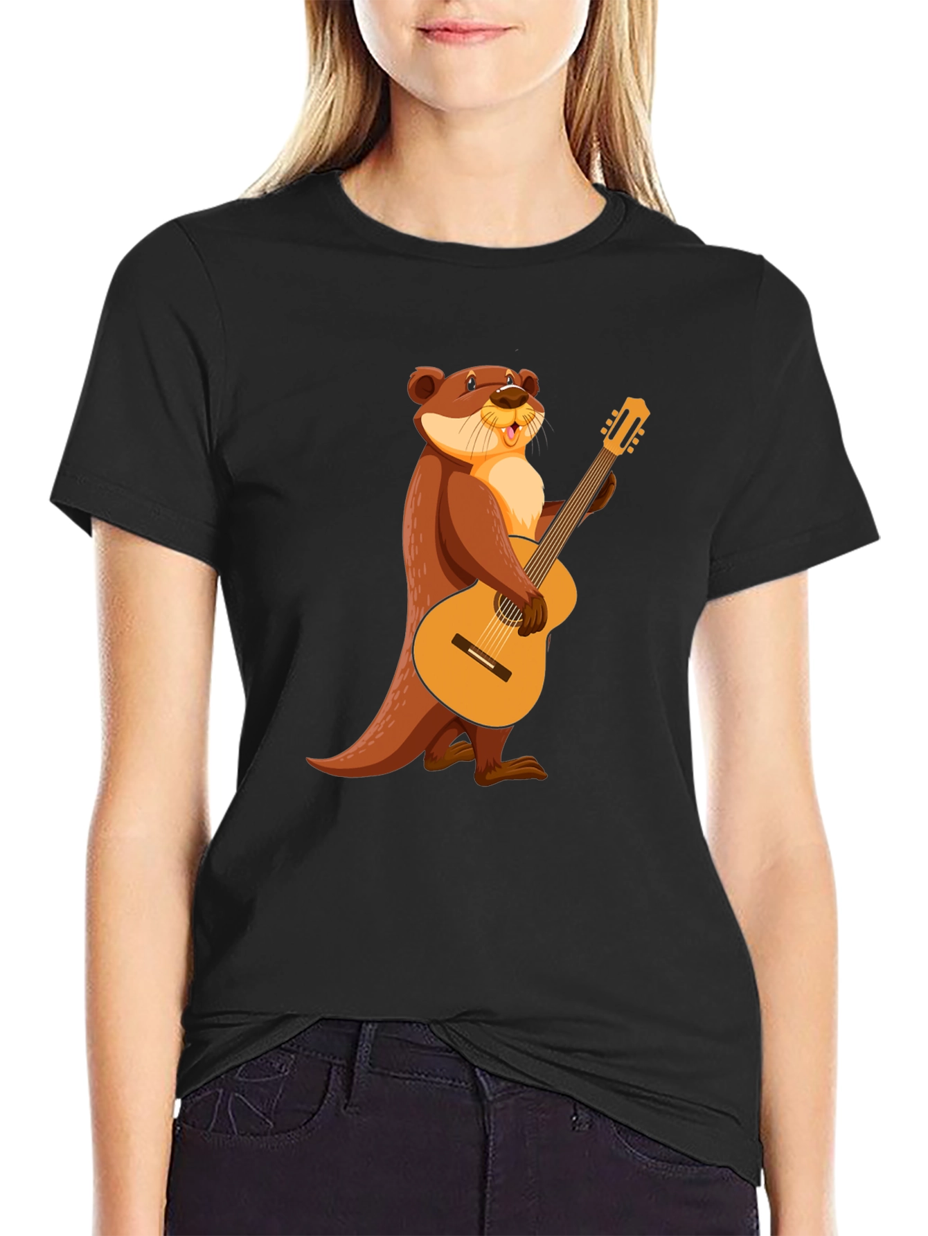 Otter with Guitar Black T-Shirt