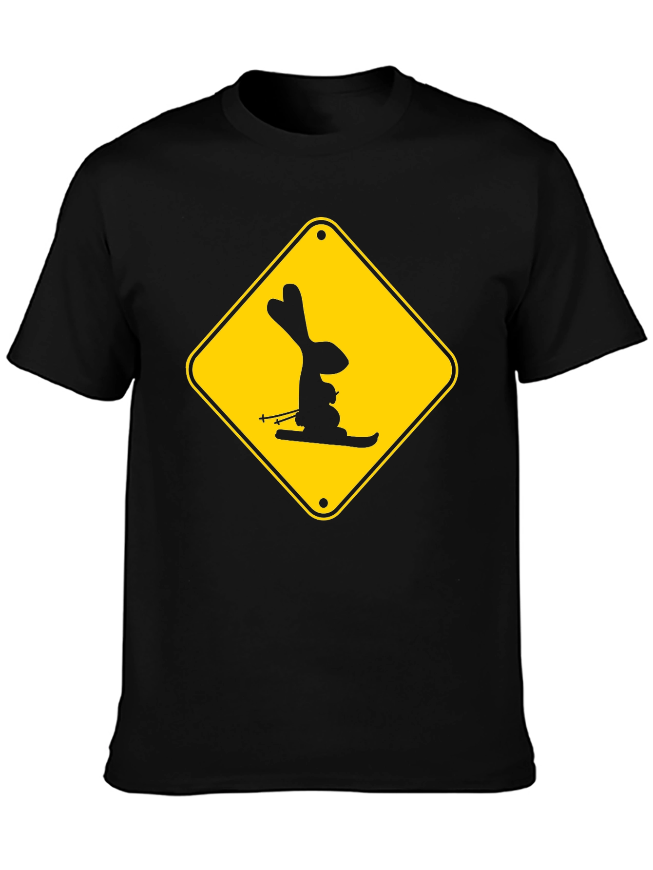 Skiing Rabbit Sign T-Shirt - Black Cotton Tee