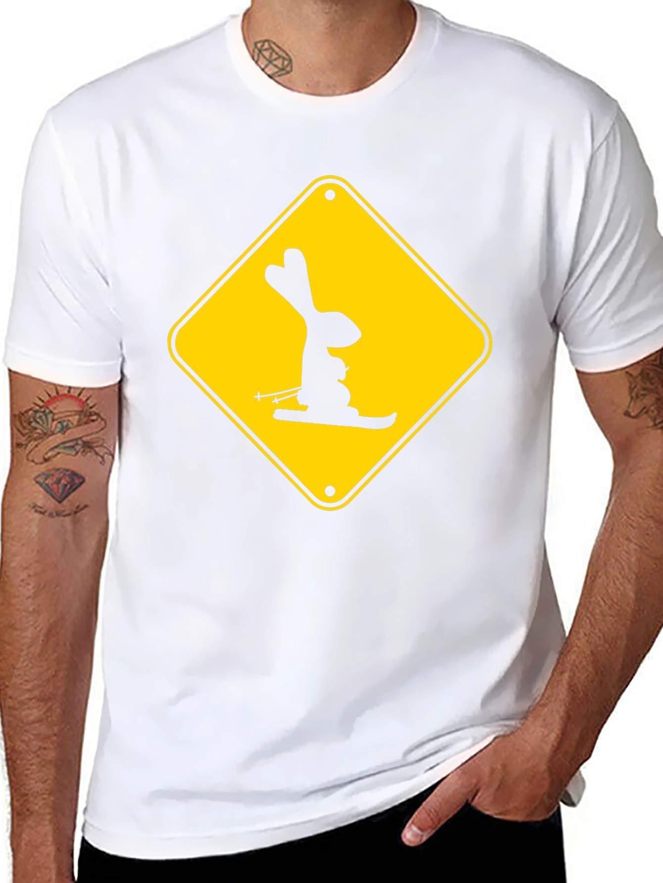 Skiing Rabbit Sign T-Shirt - Black Cotton Tee