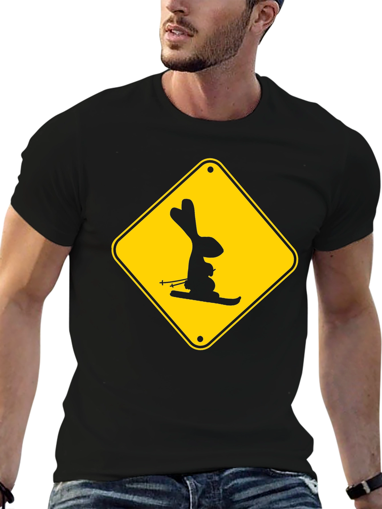 Skiing Rabbit Sign T-Shirt - Black Cotton Tee