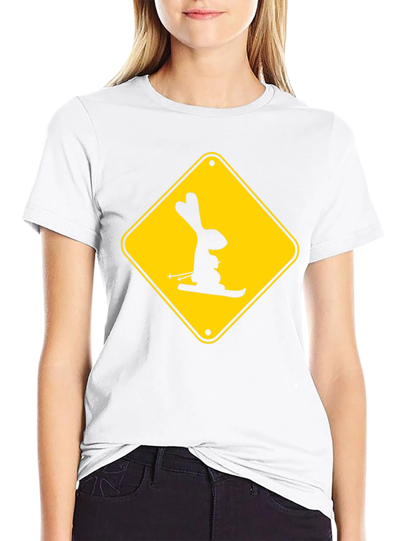 Skiing Rabbit Sign T-Shirt - Black Cotton Tee