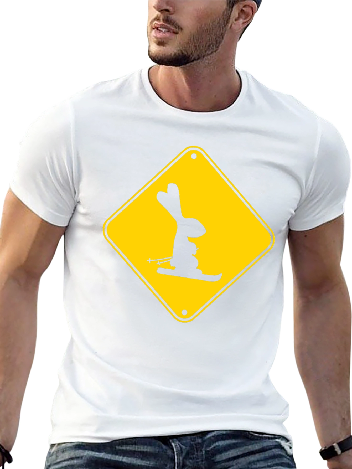 Skiing Rabbit Sign T-Shirt - Black Cotton Tee