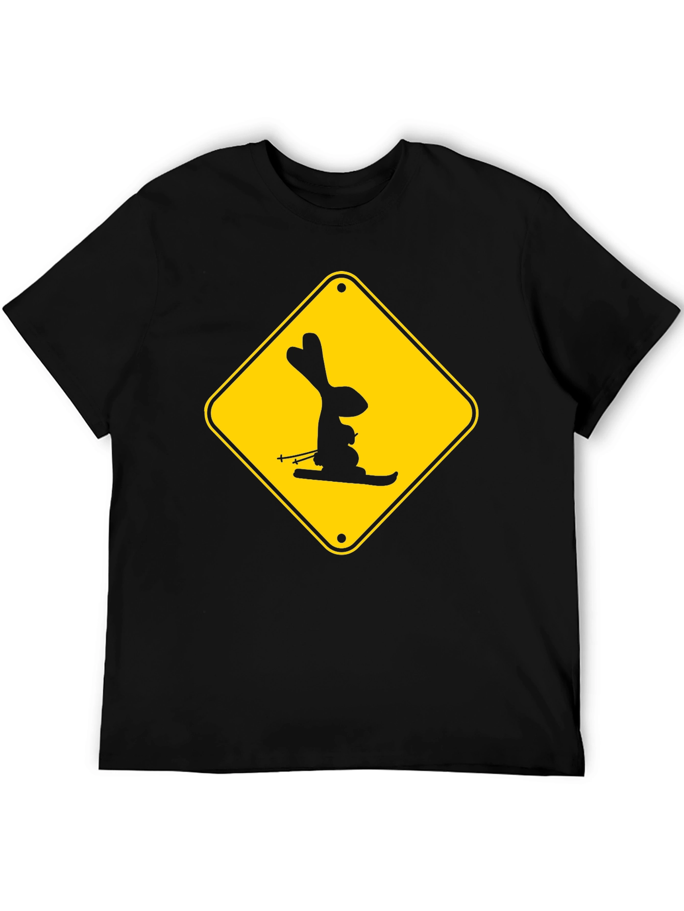 Skiing Rabbit Sign T-Shirt - Black Cotton Tee