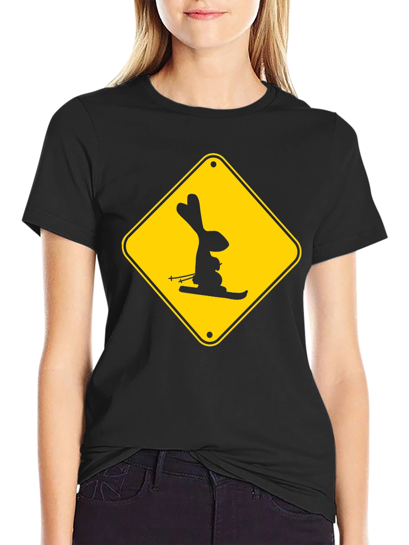 Skiing Rabbit Sign T-Shirt - Black Cotton Tee