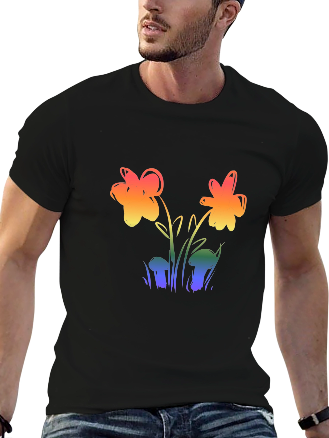 Rainbow Flower Graphic Black Tee