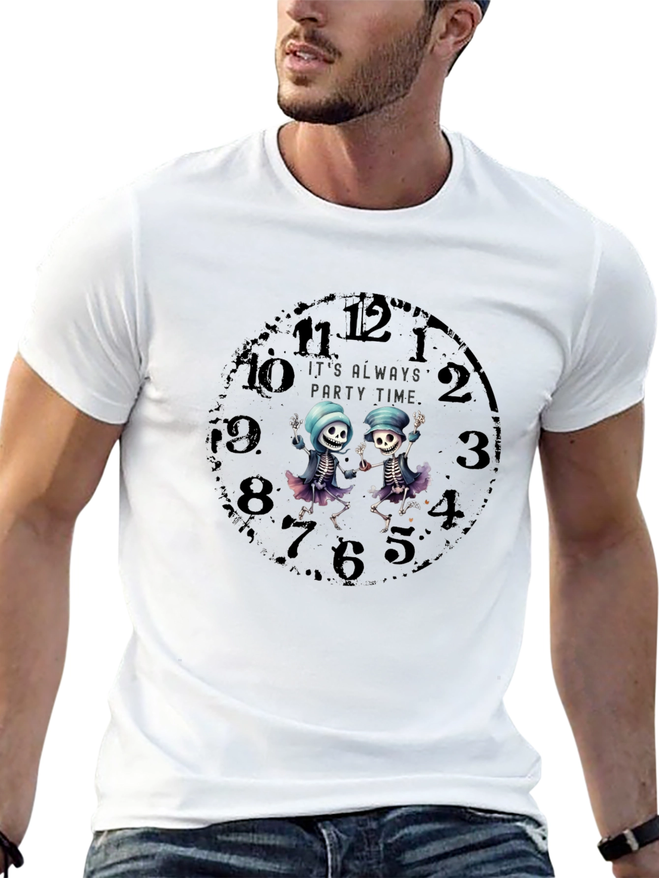 Party Time Skeleton Clock Graphic Tee