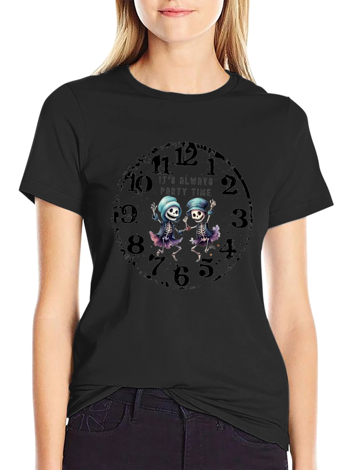 Party Time Skeleton Clock Graphic Tee