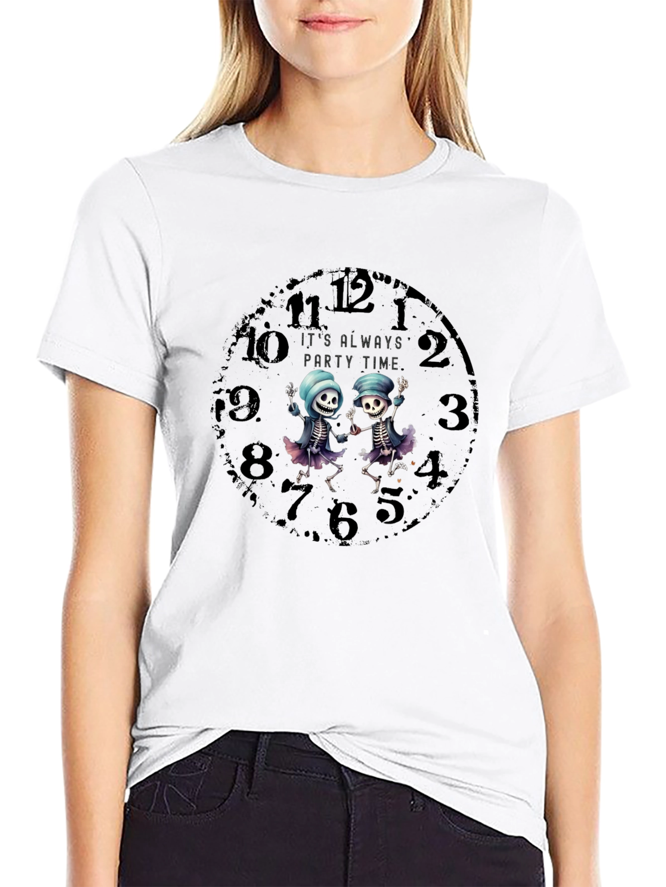 Party Time Skeleton Clock Graphic Tee