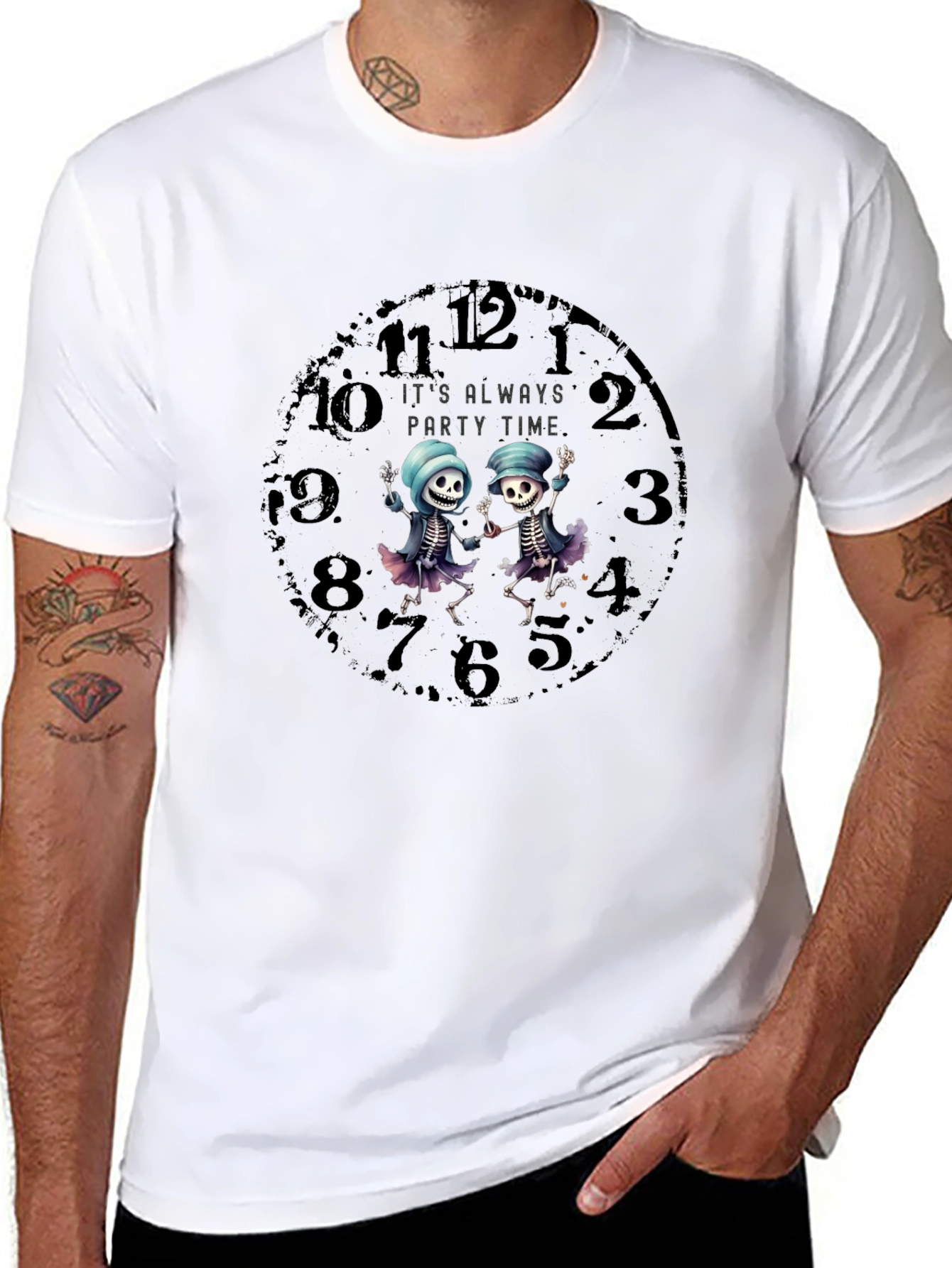 Party Time Skeleton Clock Graphic Tee
