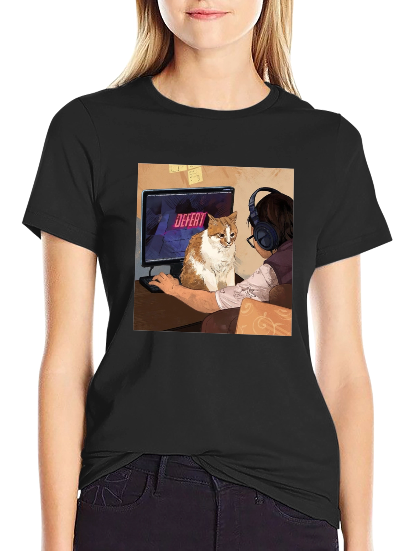 Gamer Cat T-Shirt: Defeat Screen Print